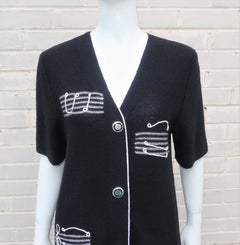 Steve Fabrikant Black and White Knit Trapeze Dress With Musical Notes, 1980s