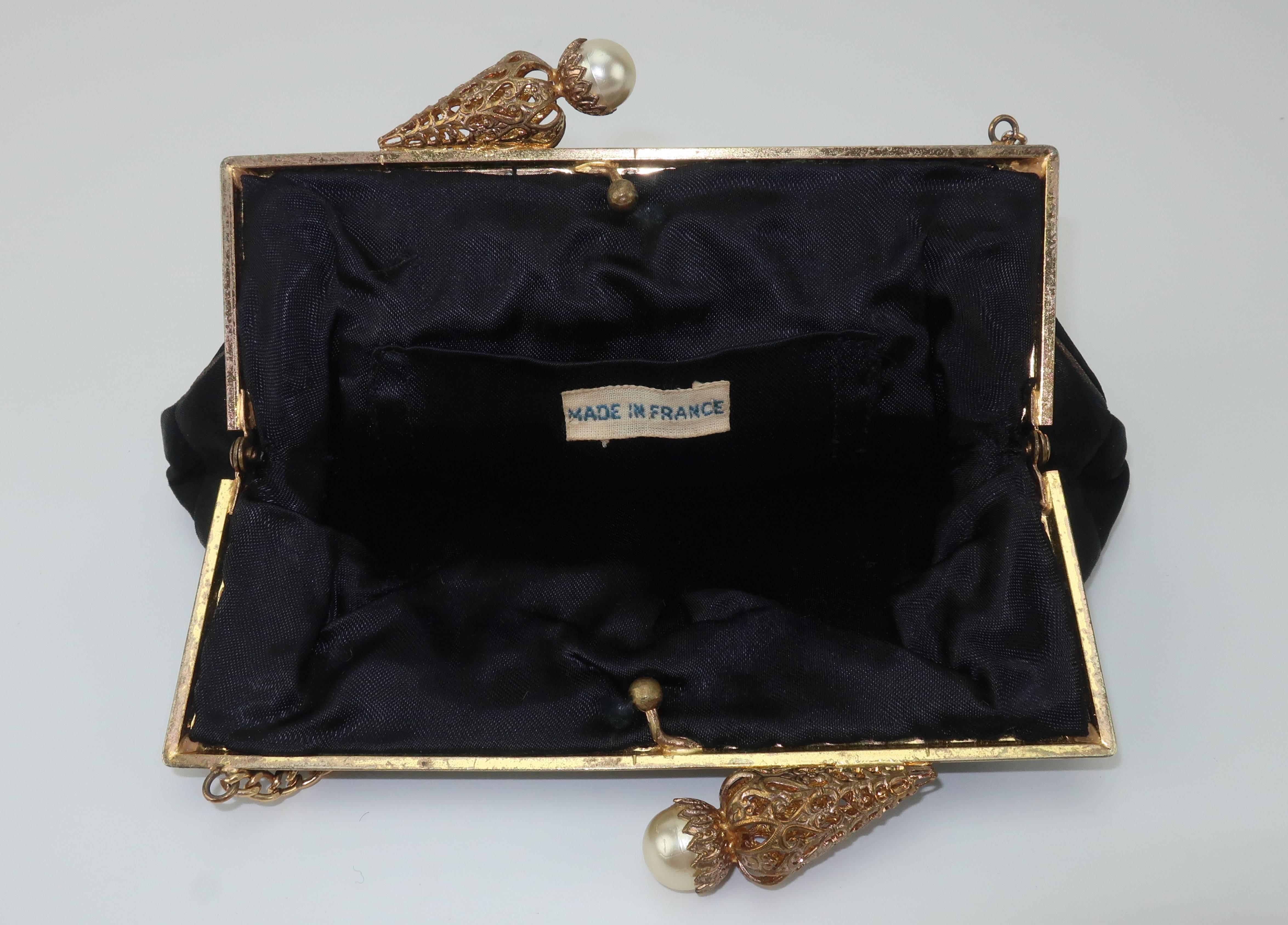 French 1950’s Black Satin Embroidered Evening Handbag 5