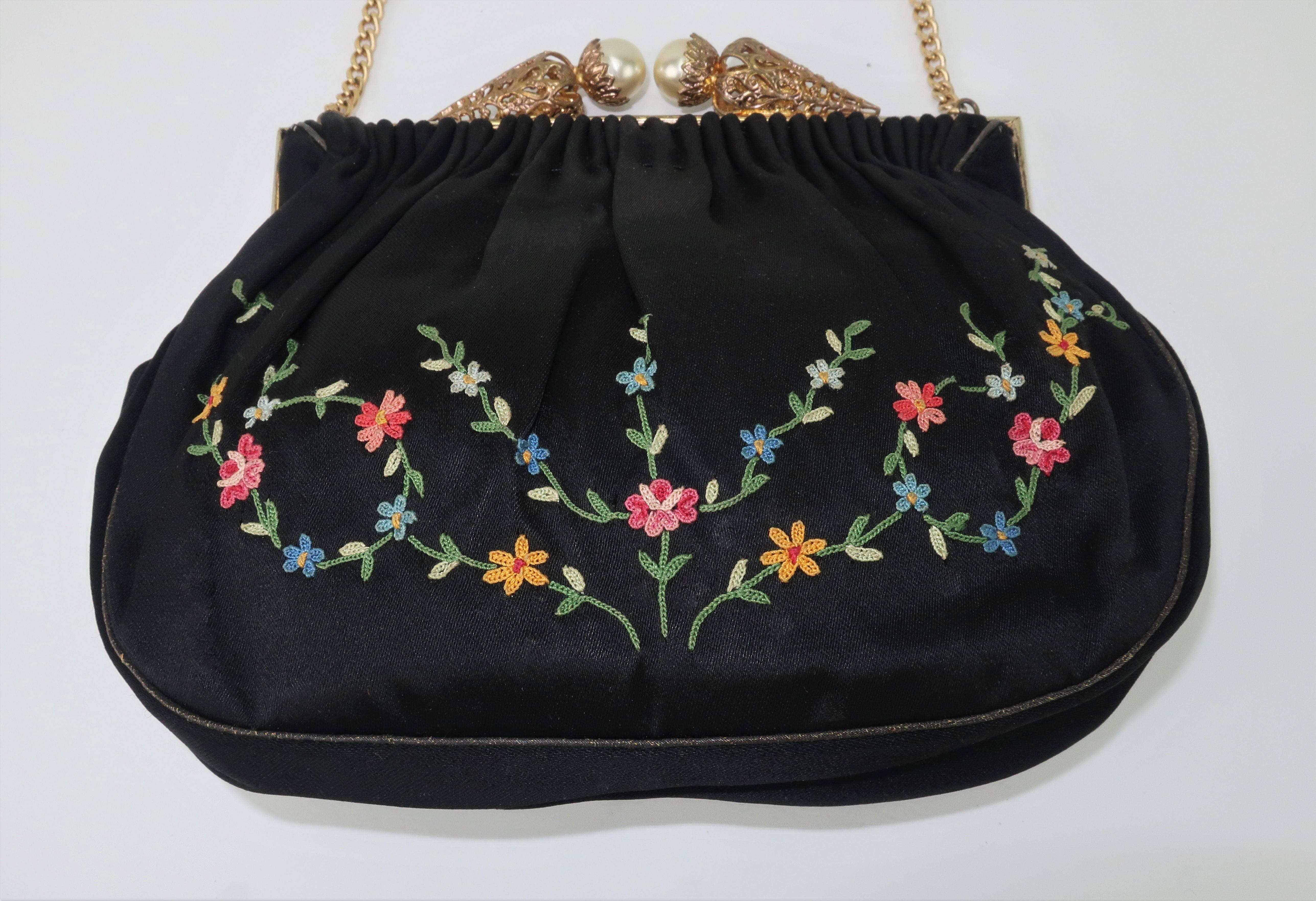 French 1950’s Black Satin Embroidered Evening Handbag In Good Condition In Atlanta, GA