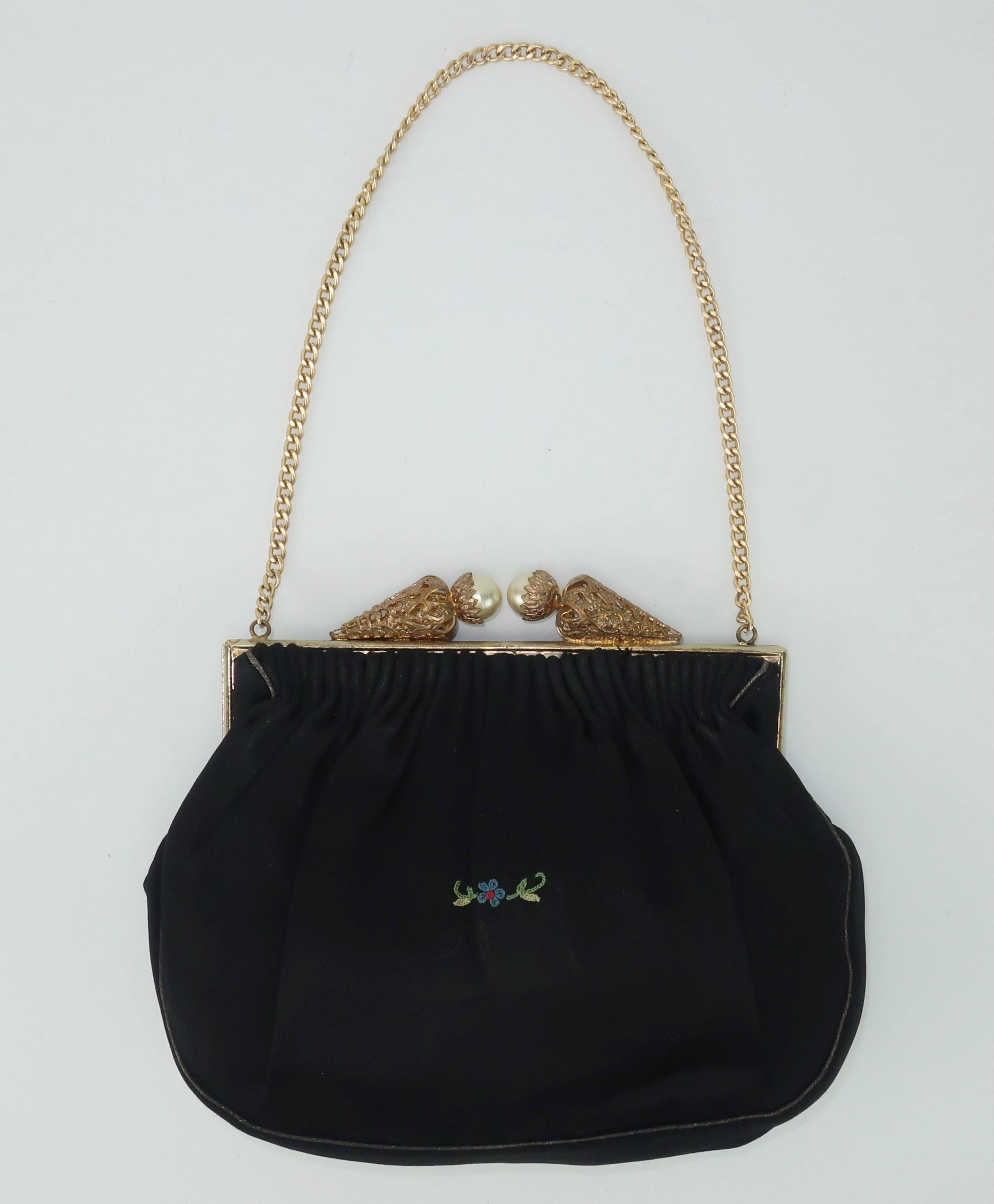 French 1950’s Black Satin Embroidered Evening Handbag 1