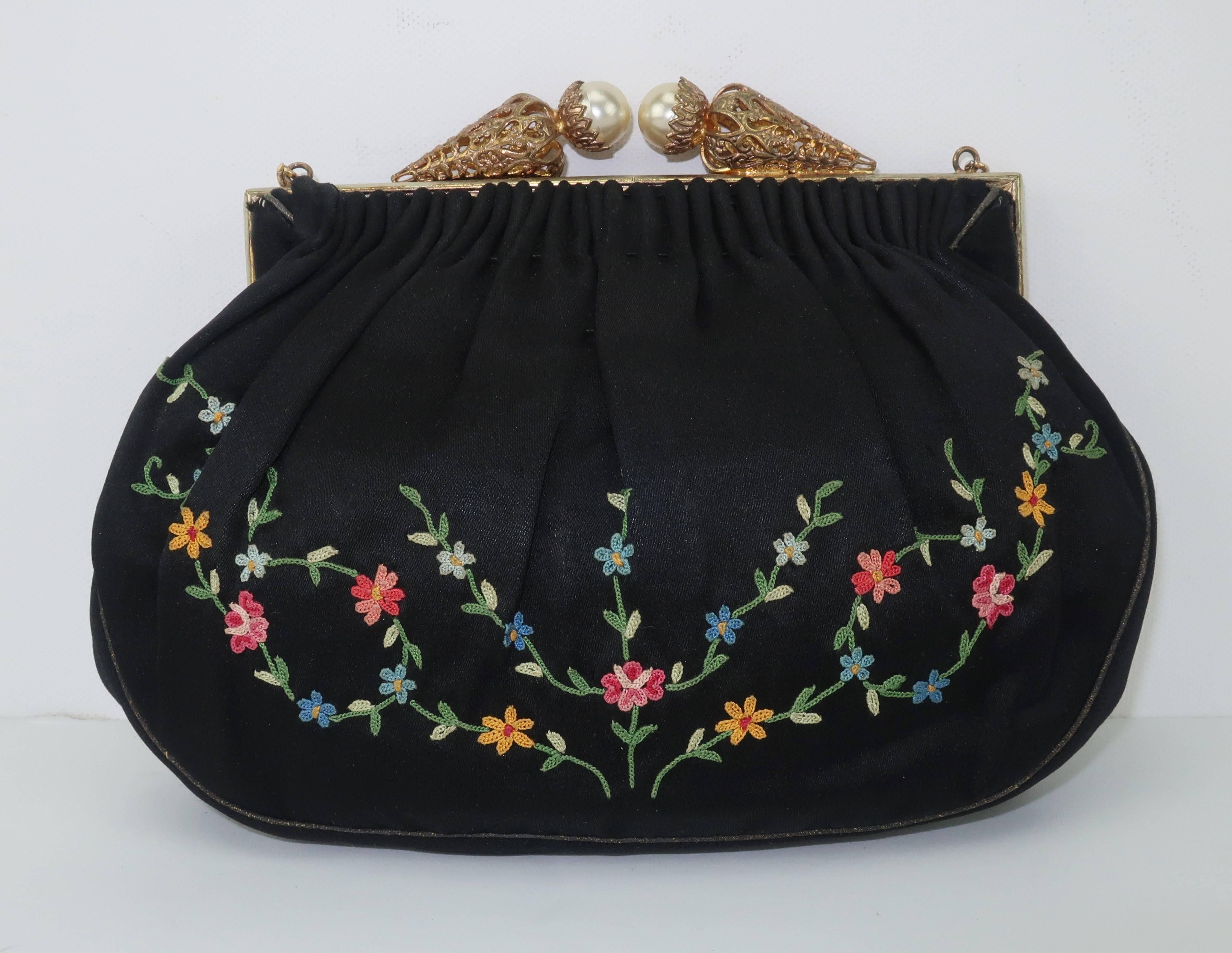 French 1950’s Black Satin Embroidered Evening Handbag 2