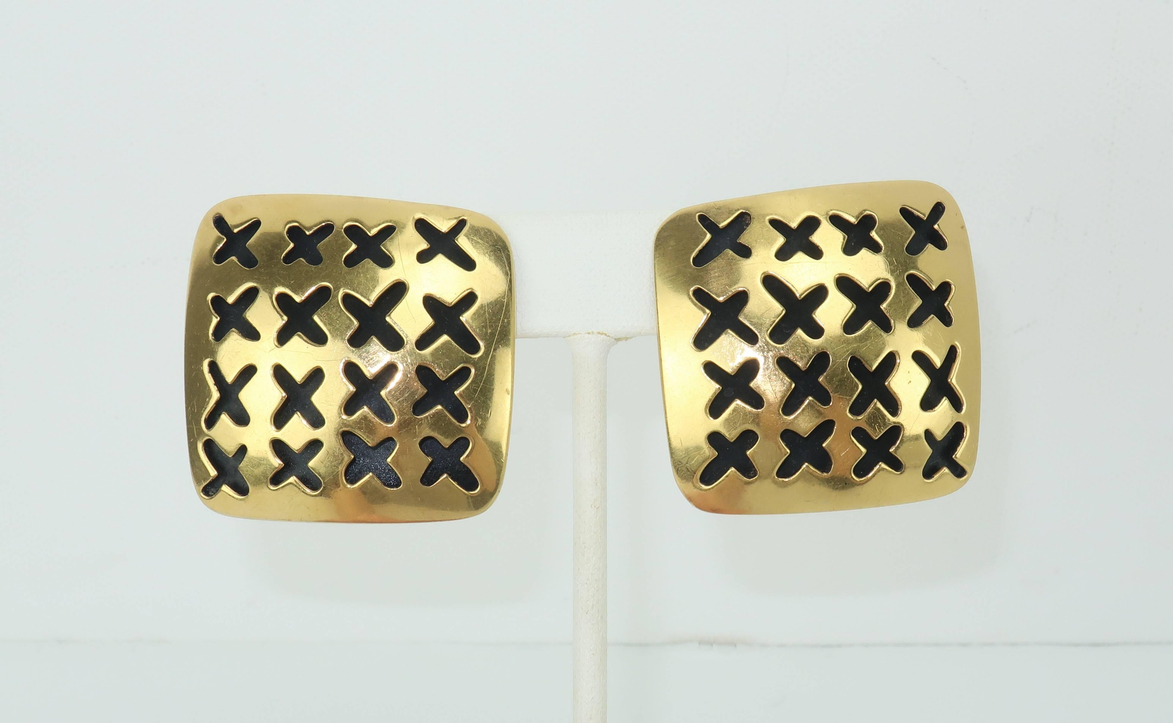 Modernist Vaubel Stylized Gold Vermeil Perforated 'X' Earrings