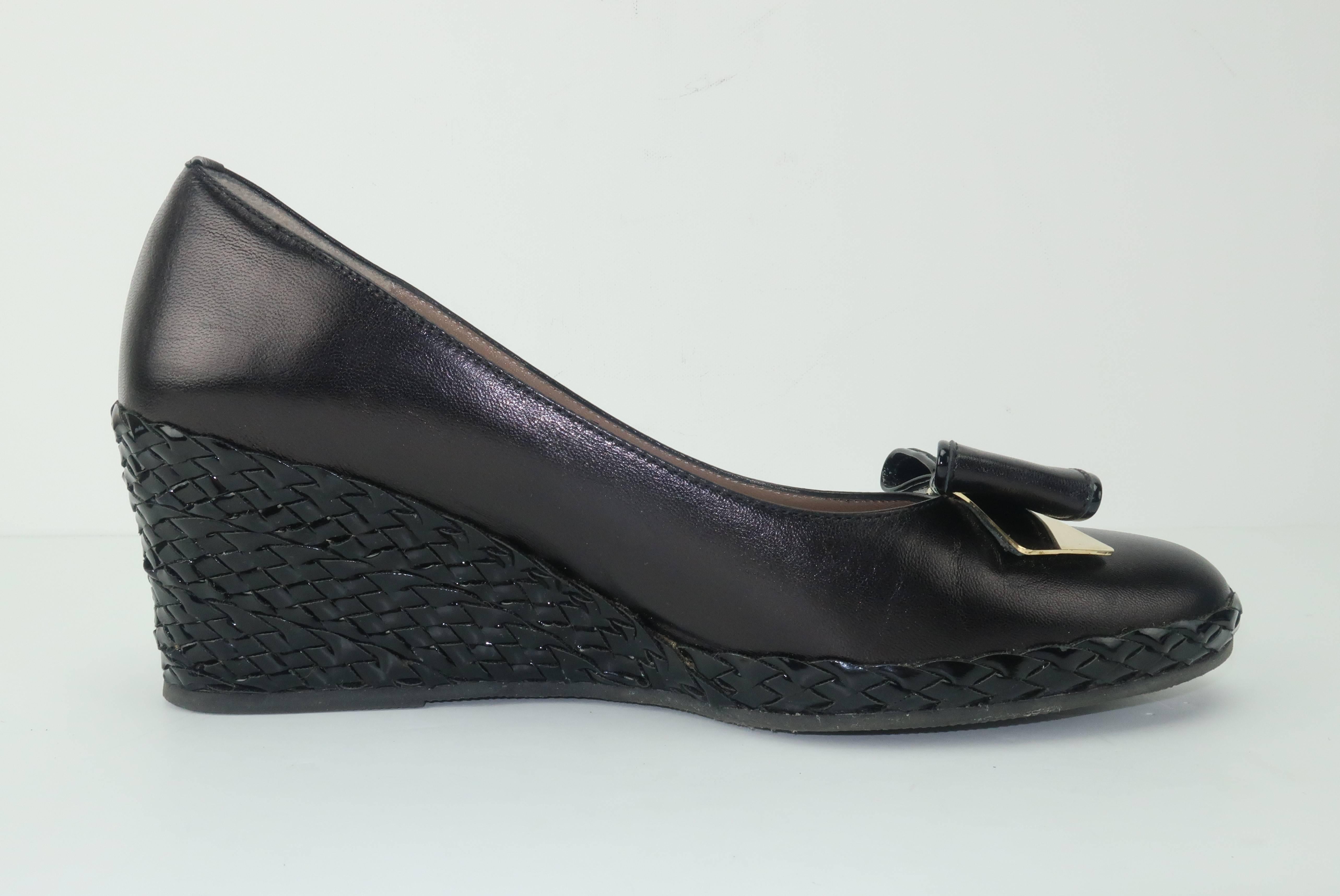 Bruno Magli Black Leather Wedge Shoes With Bow Tie Detail Sz 37 2