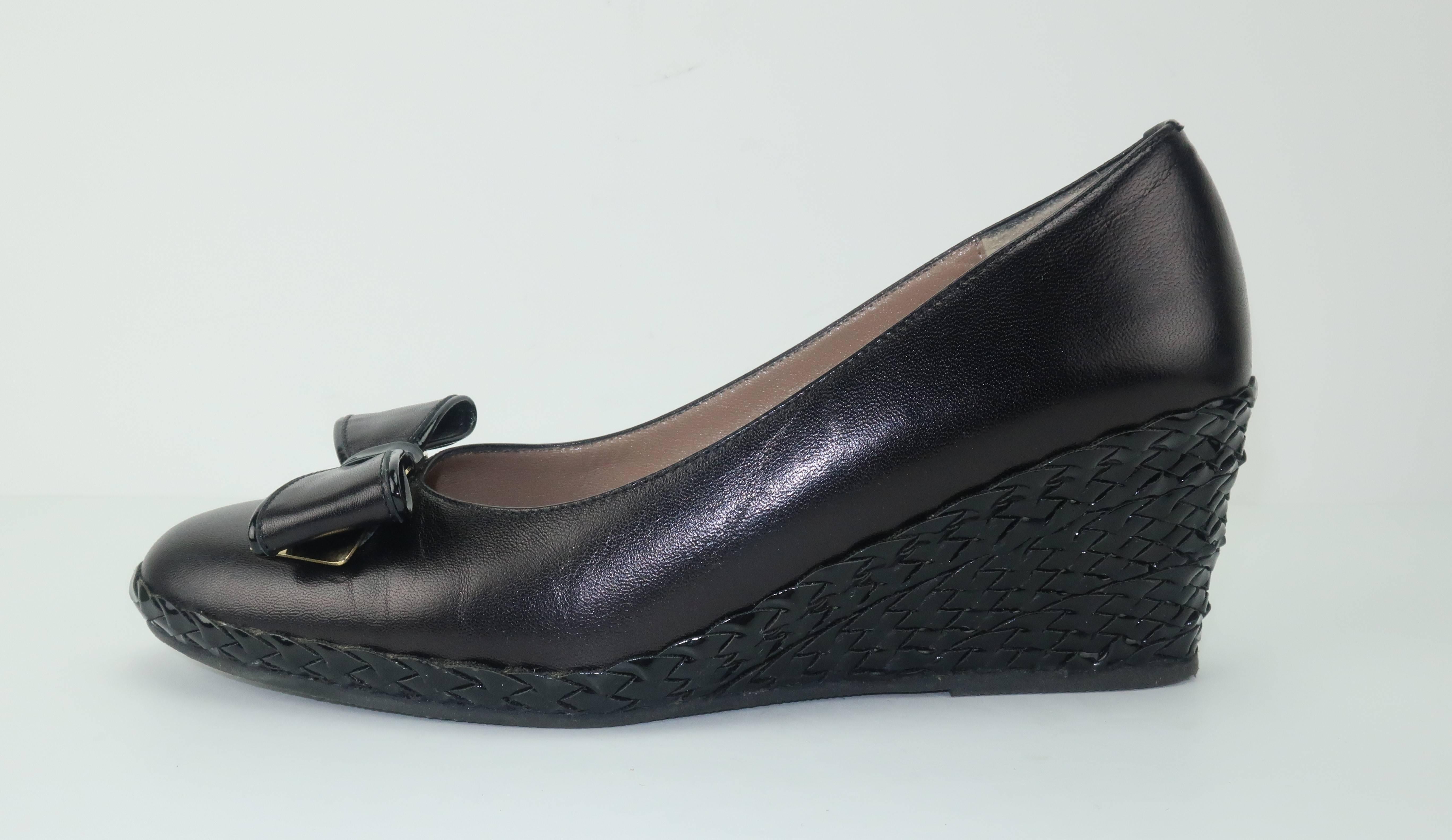 Bruno Magli Black Leather Wedge Shoes With Bow Tie Detail Sz 37 4