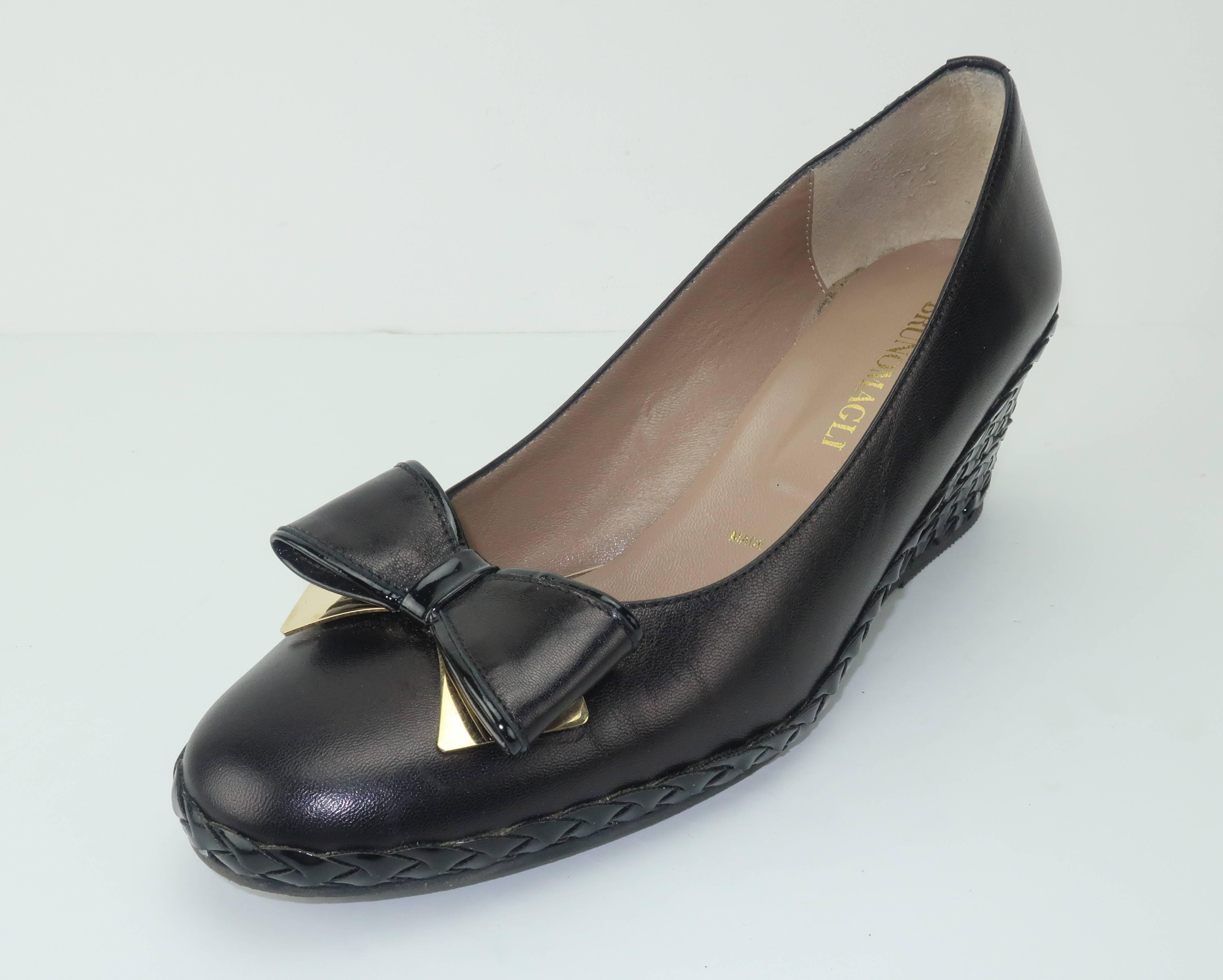 Bruno Magli Black Leather Wedge Shoes With Bow Tie Detail Sz 37 3