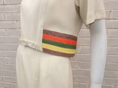 1950's Carol Craig Two Piece Linen Dress With Raffia Trim