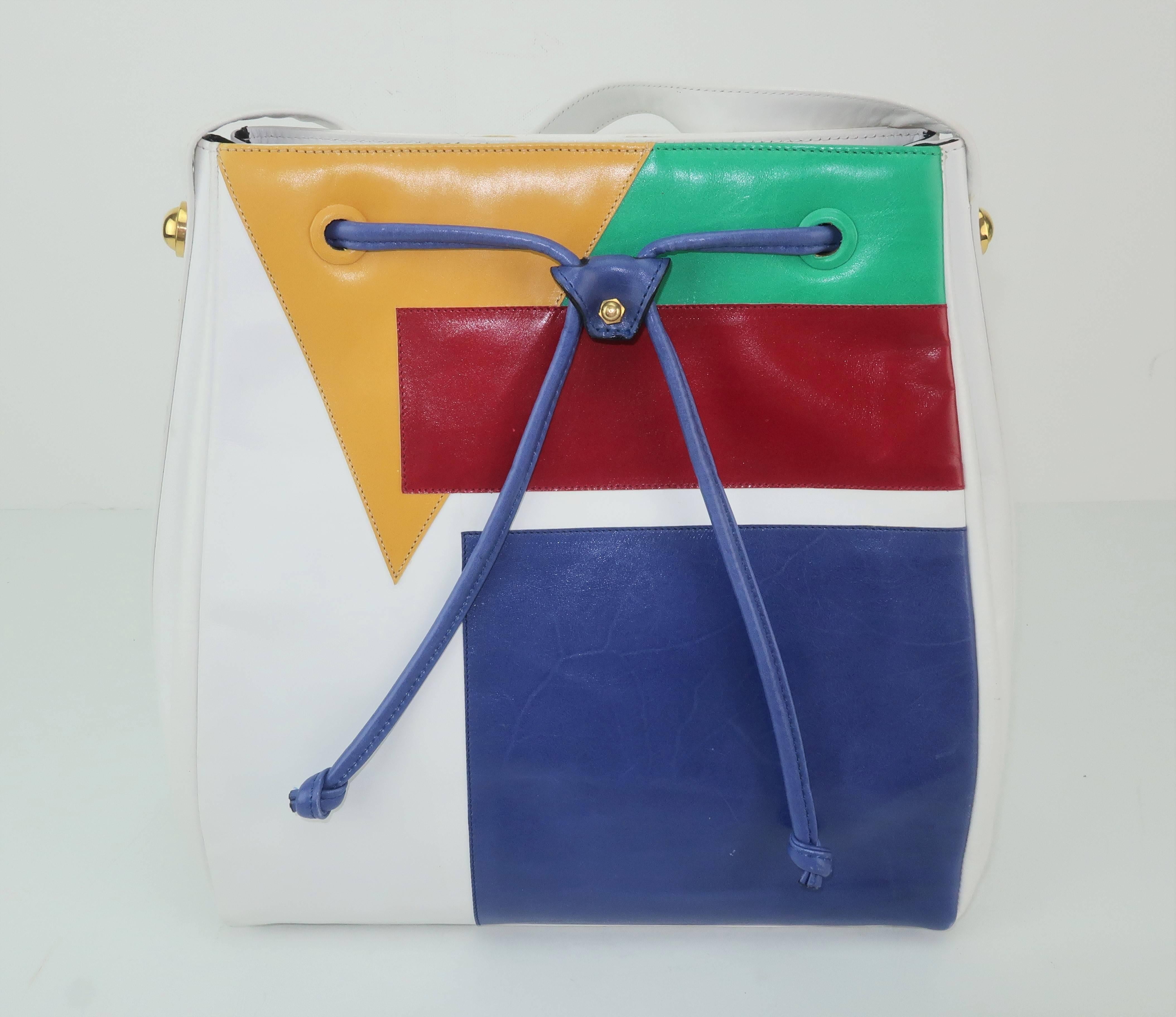1980's Bruno Magli Bright Color Block Leather Handbag In Good Condition In Atlanta, GA