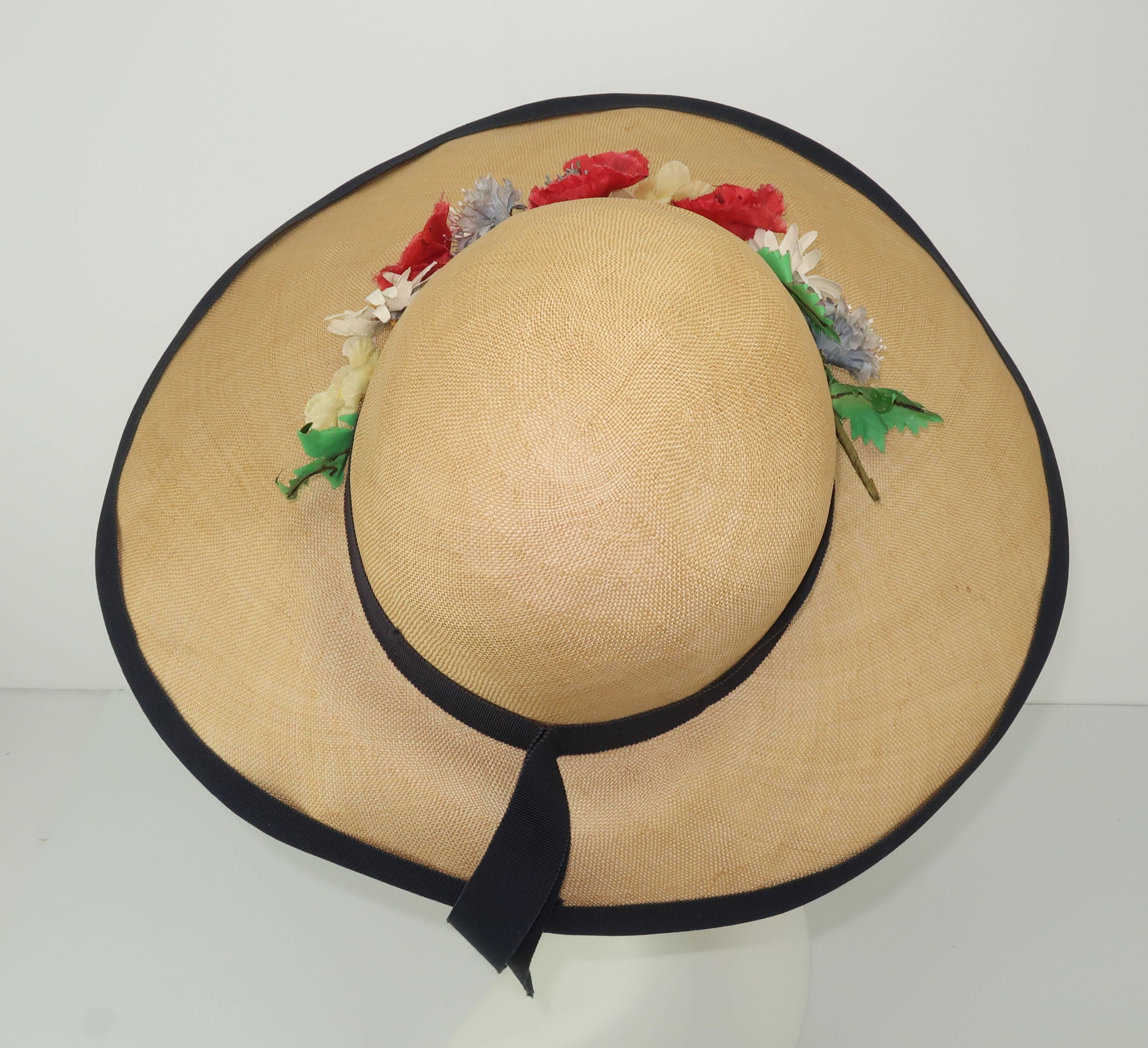 Brown C.1950 Christine Original Straw Garden Party Wide Brimmed Hat