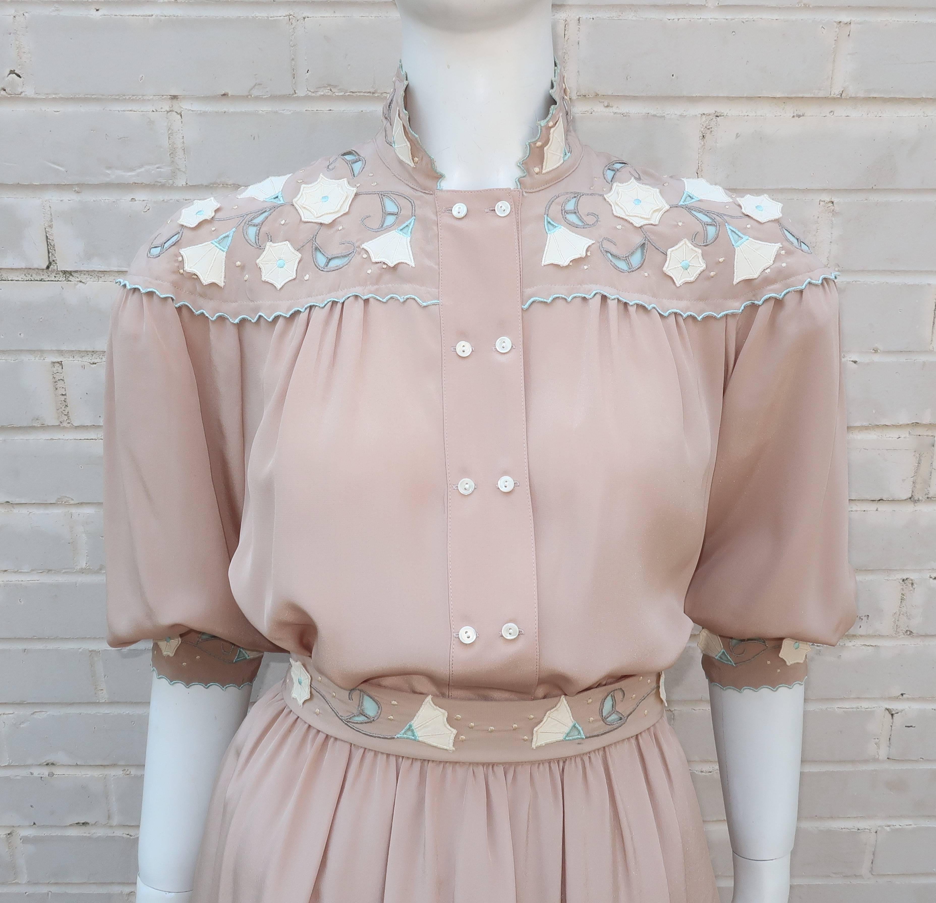 1980's Jerri Sherman Silk Two Piece Dress With Floral Appliques In Good Condition In Atlanta, GA