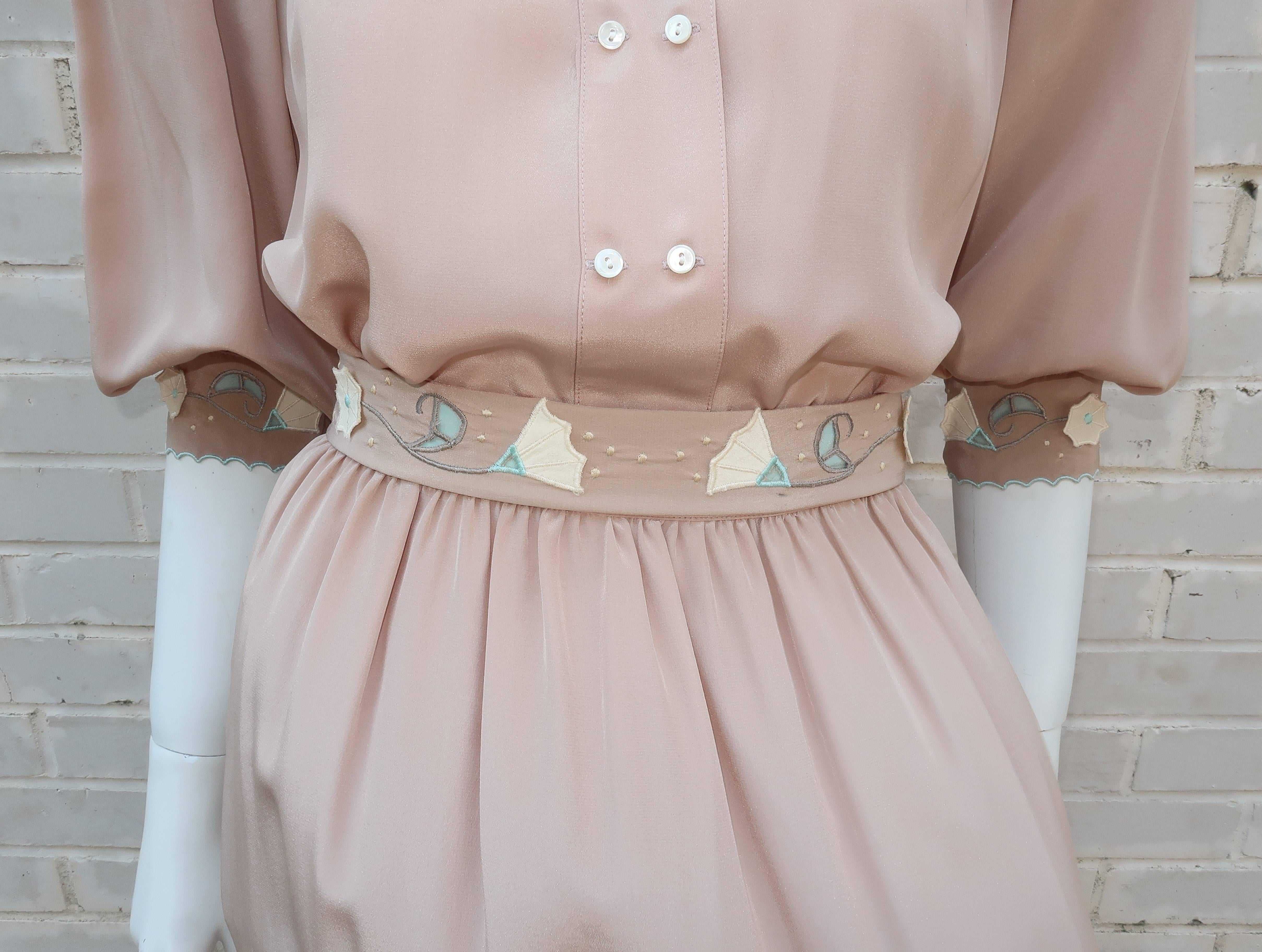 Women's 1980's Jerri Sherman Silk Two Piece Dress With Floral Appliques