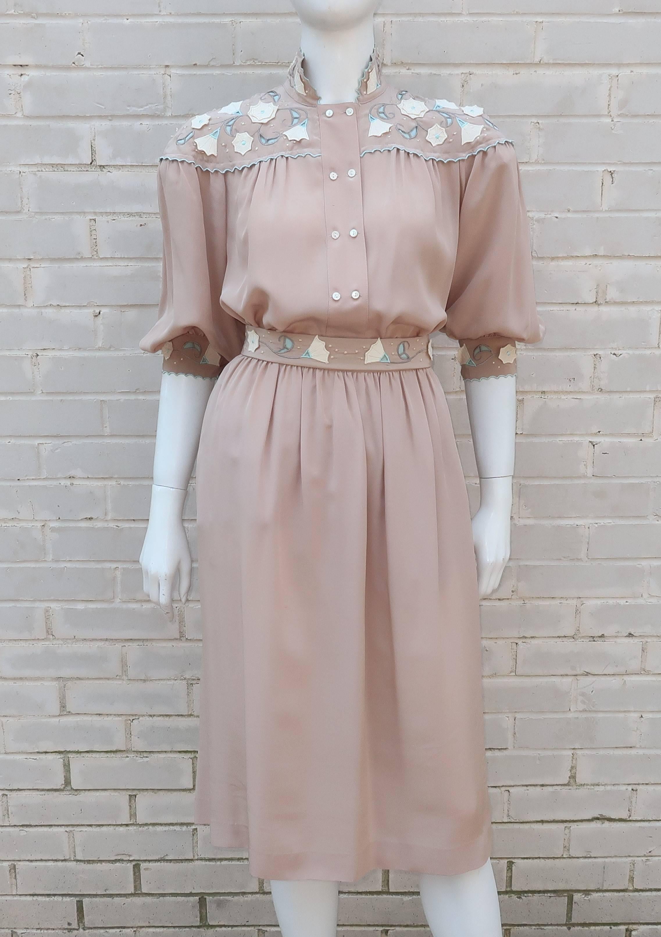 Gray 1980's Jerri Sherman Silk Two Piece Dress With Floral Appliques
