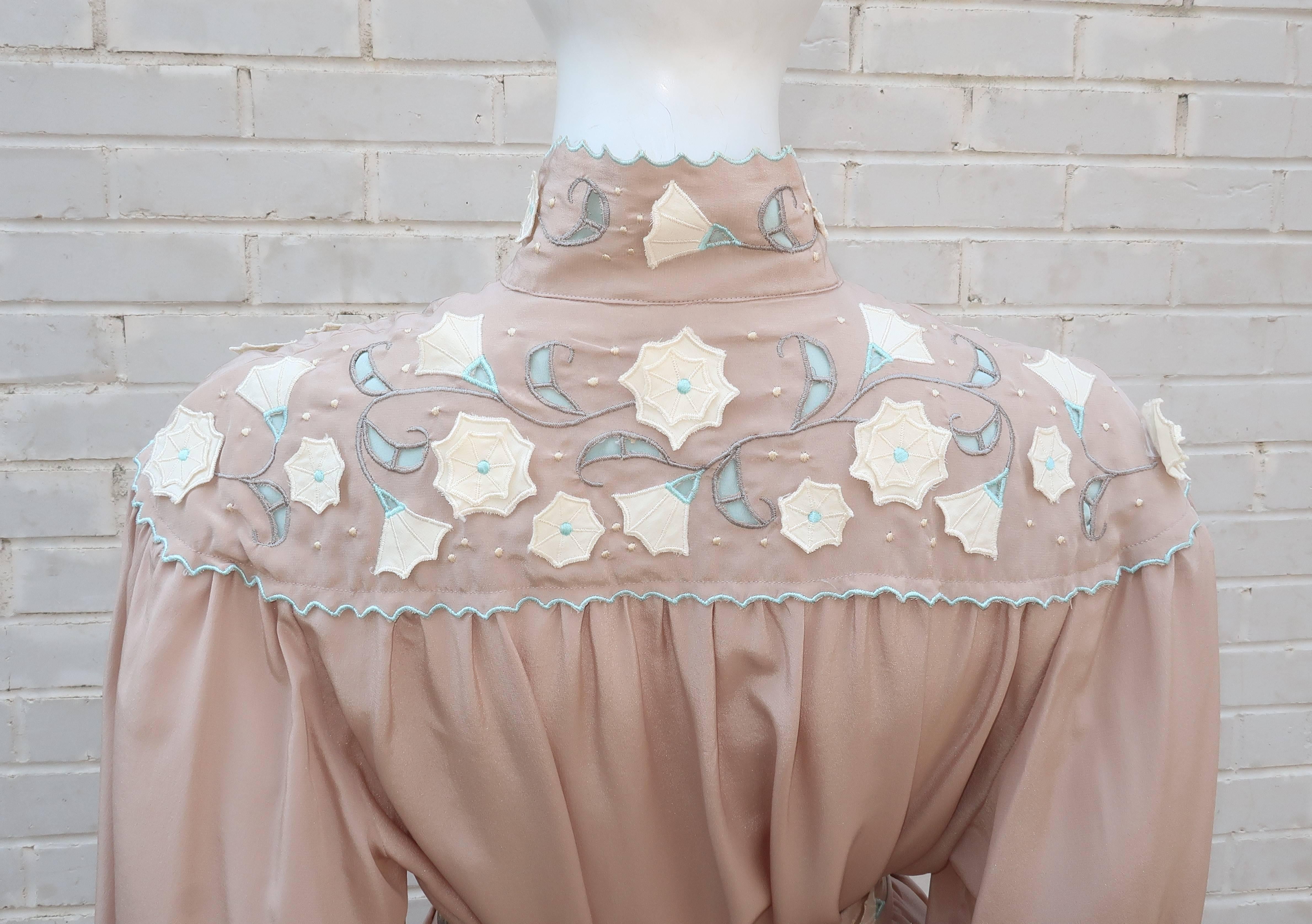 1980's Jerri Sherman Silk Two Piece Dress With Floral Appliques 2