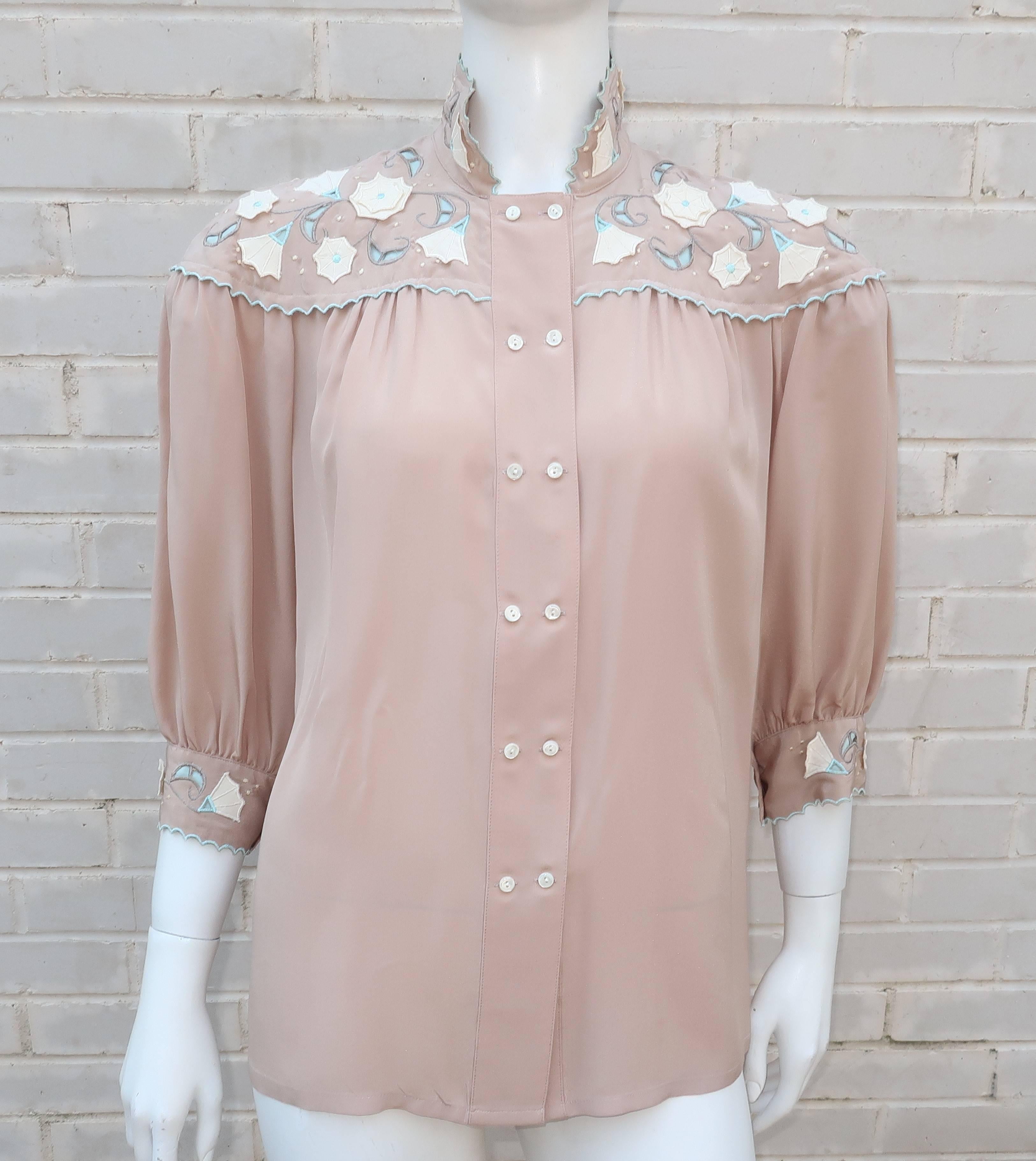 1980's Jerri Sherman Silk Two Piece Dress With Floral Appliques 4