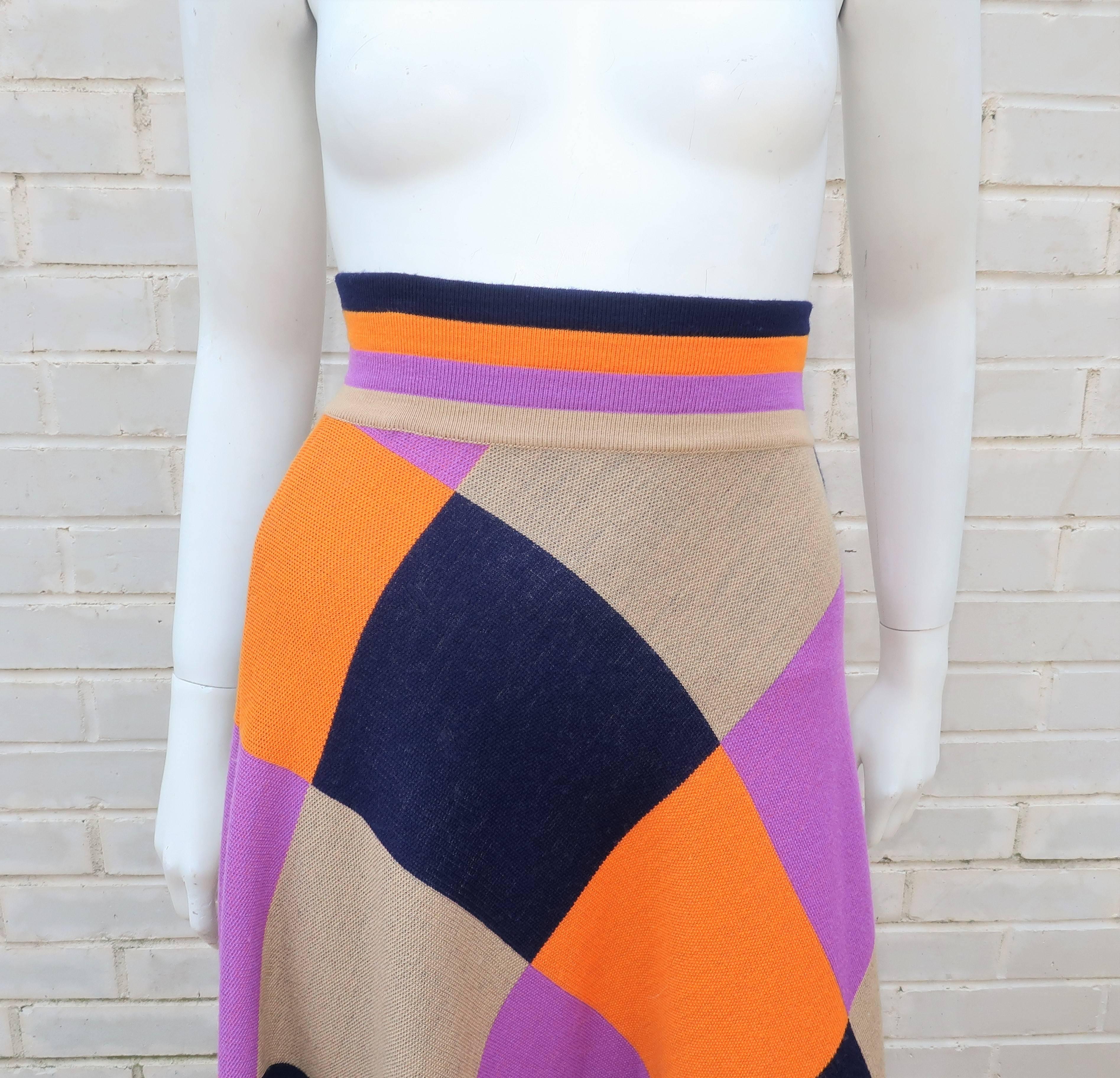 Pink Fab 1970's Italian Wool Knit Checkered Maxi Skirt