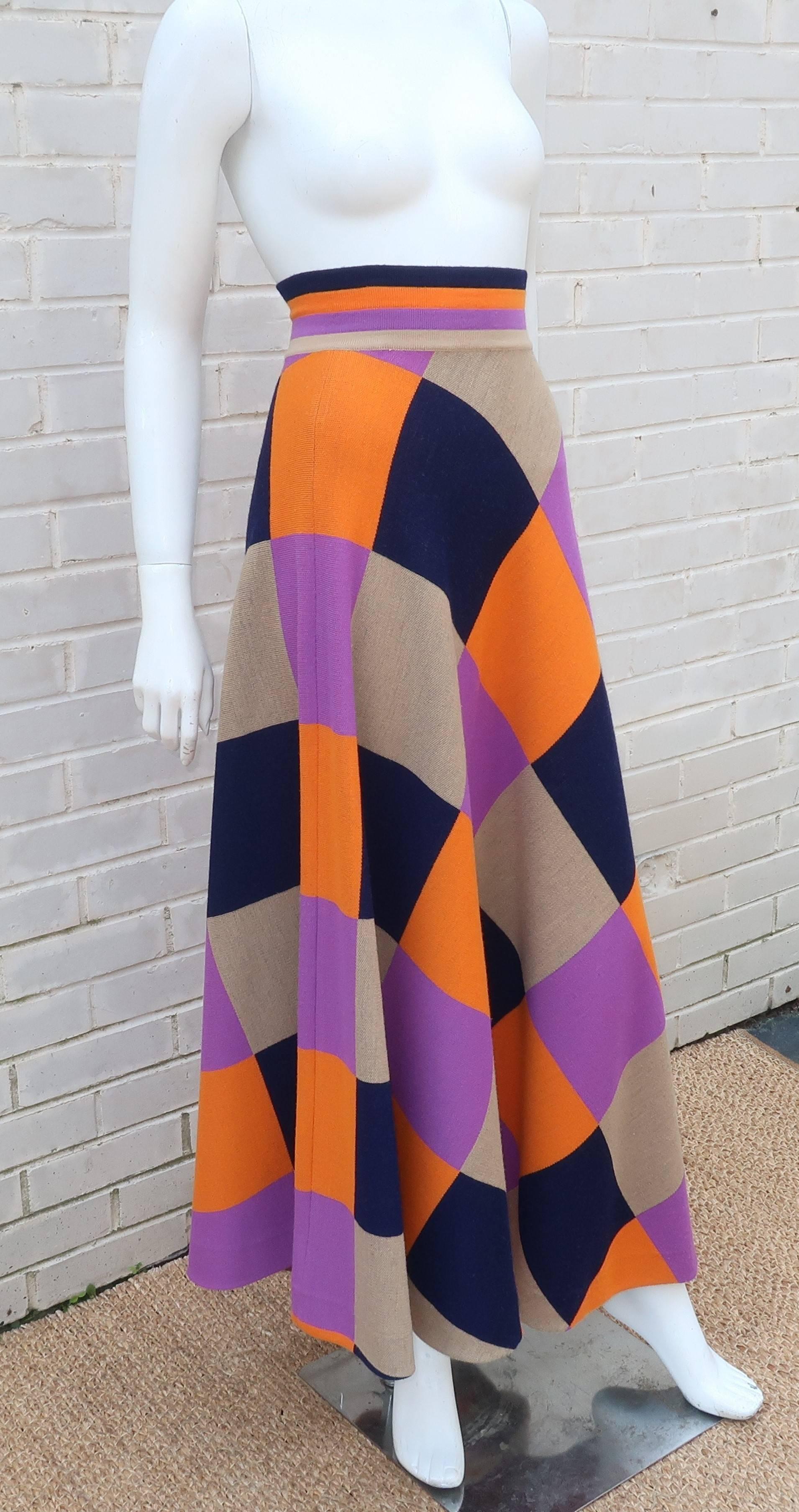 Women's Fab 1970's Italian Wool Knit Checkered Maxi Skirt