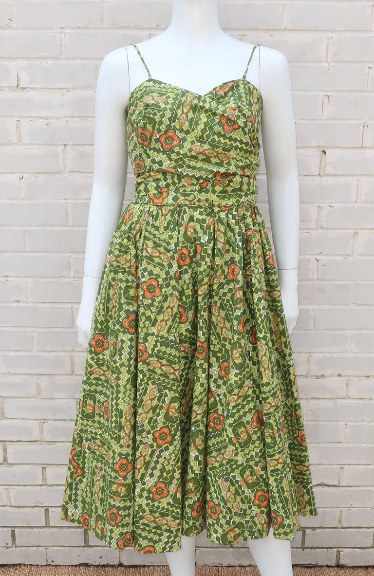 1950’s Strappy Sun Dress With Retro Green and Orange Print For Sale at ...