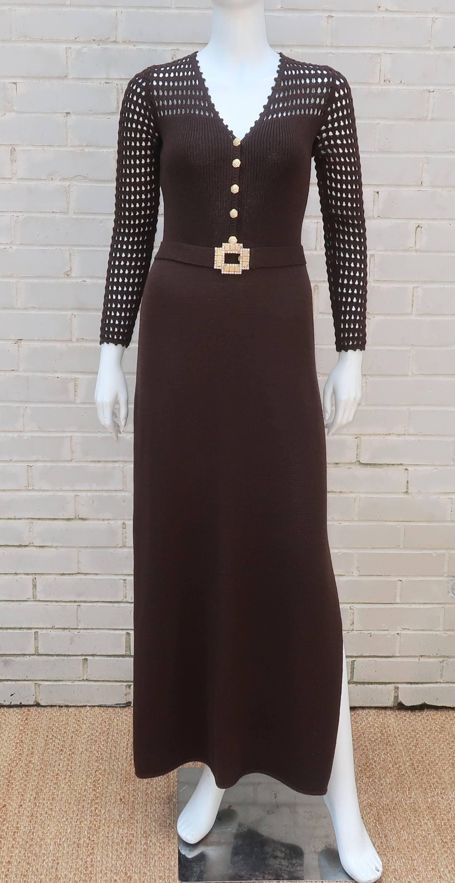 Historially, St. John Knits brand has appealed to ladies with a classic sensibility and rather traditional tastes ... this jazzy 1970's dark brown evening dress is an early departure!  The crochet style shoulder and sleeves provide a slinky bohemian