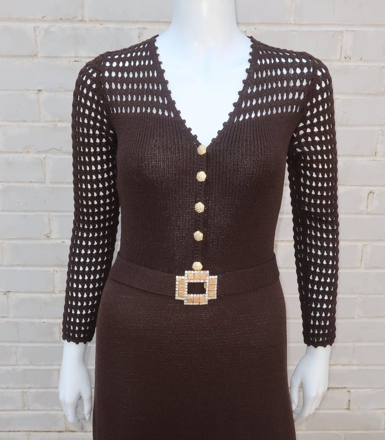 1970's St. John Knits Brown Crochet Dress With Rhinestone and Gold