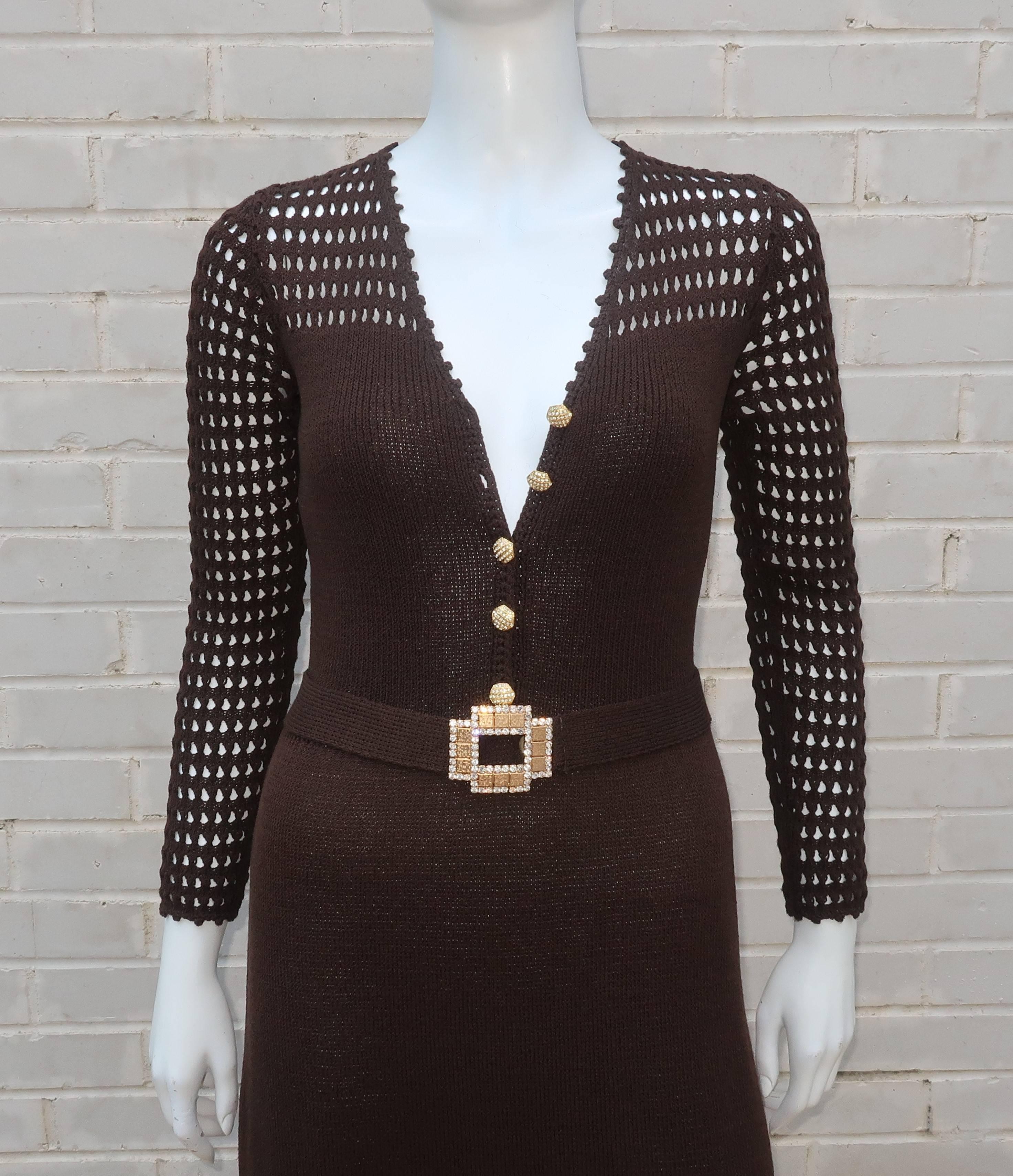 Black 1970's Brown Crochet Dress With Rhinestone & Gold Details
