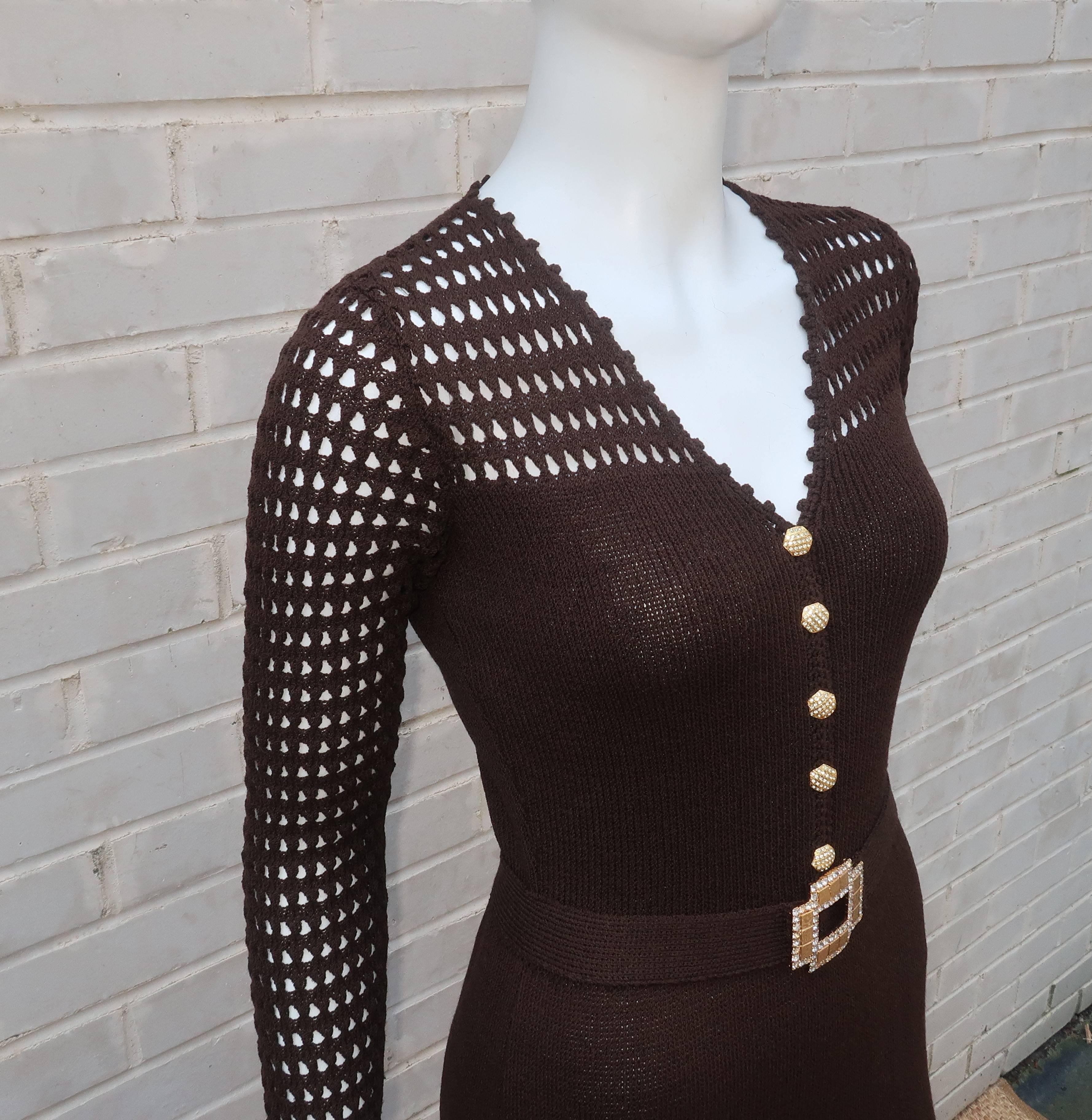 1970's Brown Crochet Dress With Rhinestone & Gold Details In Good Condition In Atlanta, GA