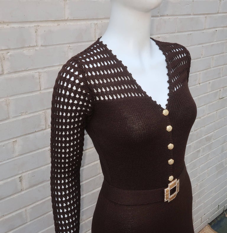 1970's St. John Knits Brown Crochet Dress With Rhinestone and Gold