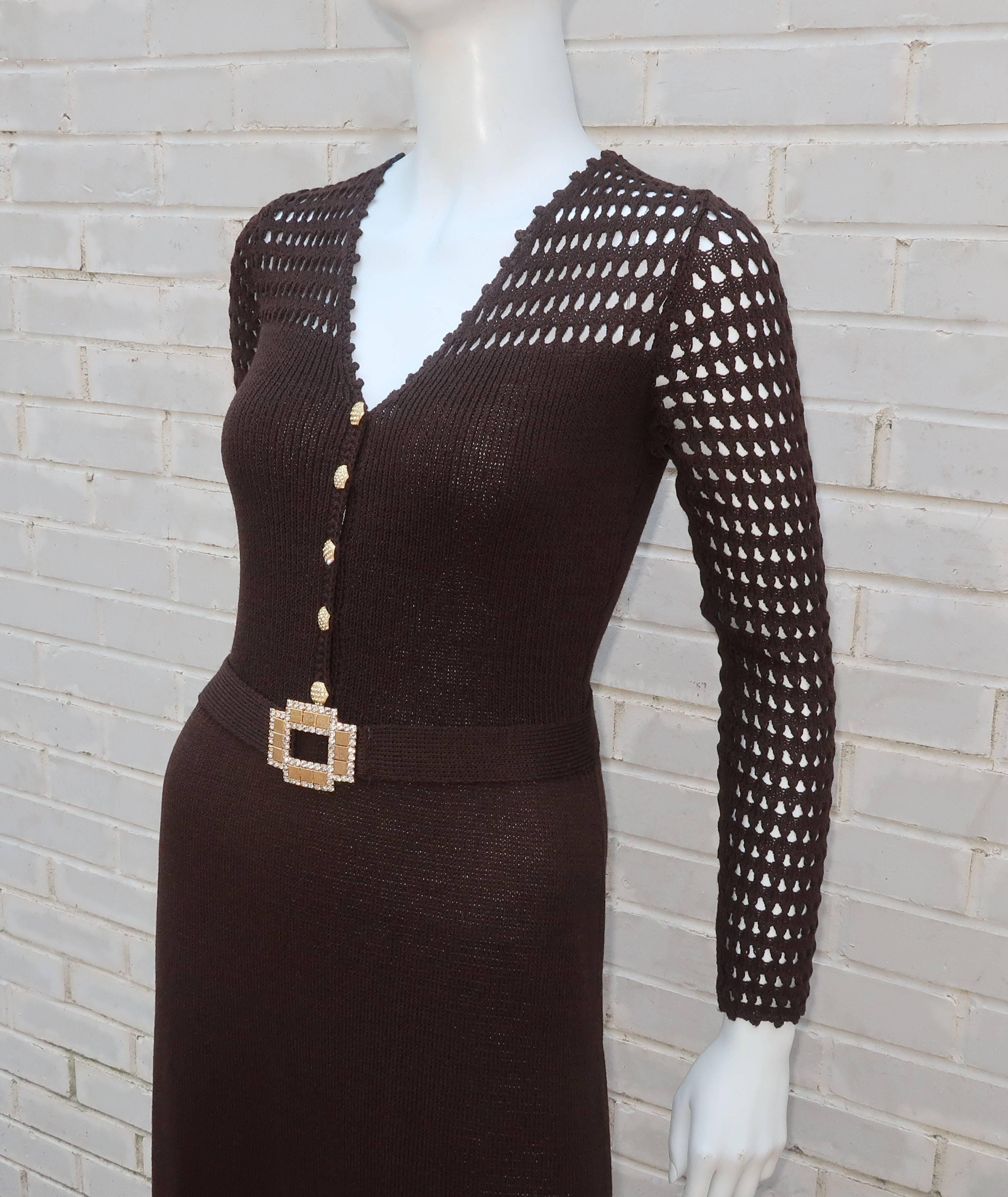 Women's 1970's Brown Crochet Dress With Rhinestone & Gold Details