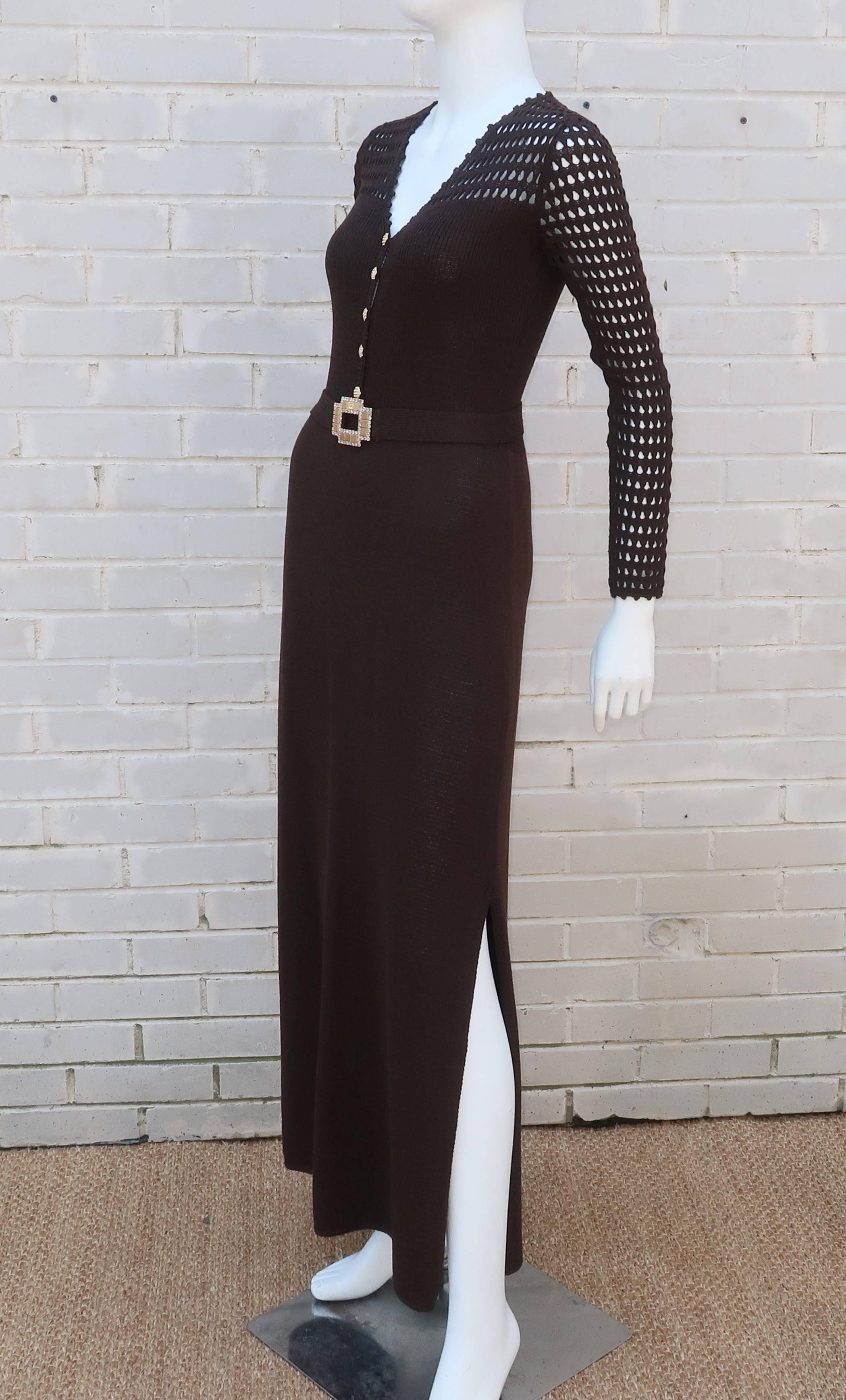 1970's Brown Crochet Dress With Rhinestone & Gold Details 1