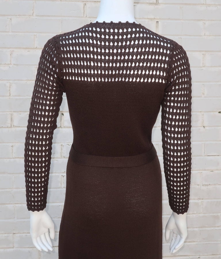 1970's St. John Knits Brown Crochet Dress With Rhinestone and Gold