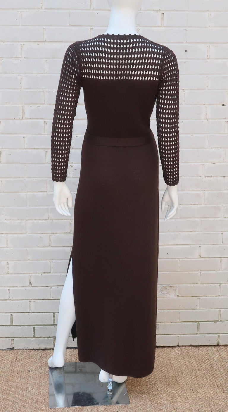 1970's Brown Crochet Dress With Rhinestone & Gold Details For Sale 6