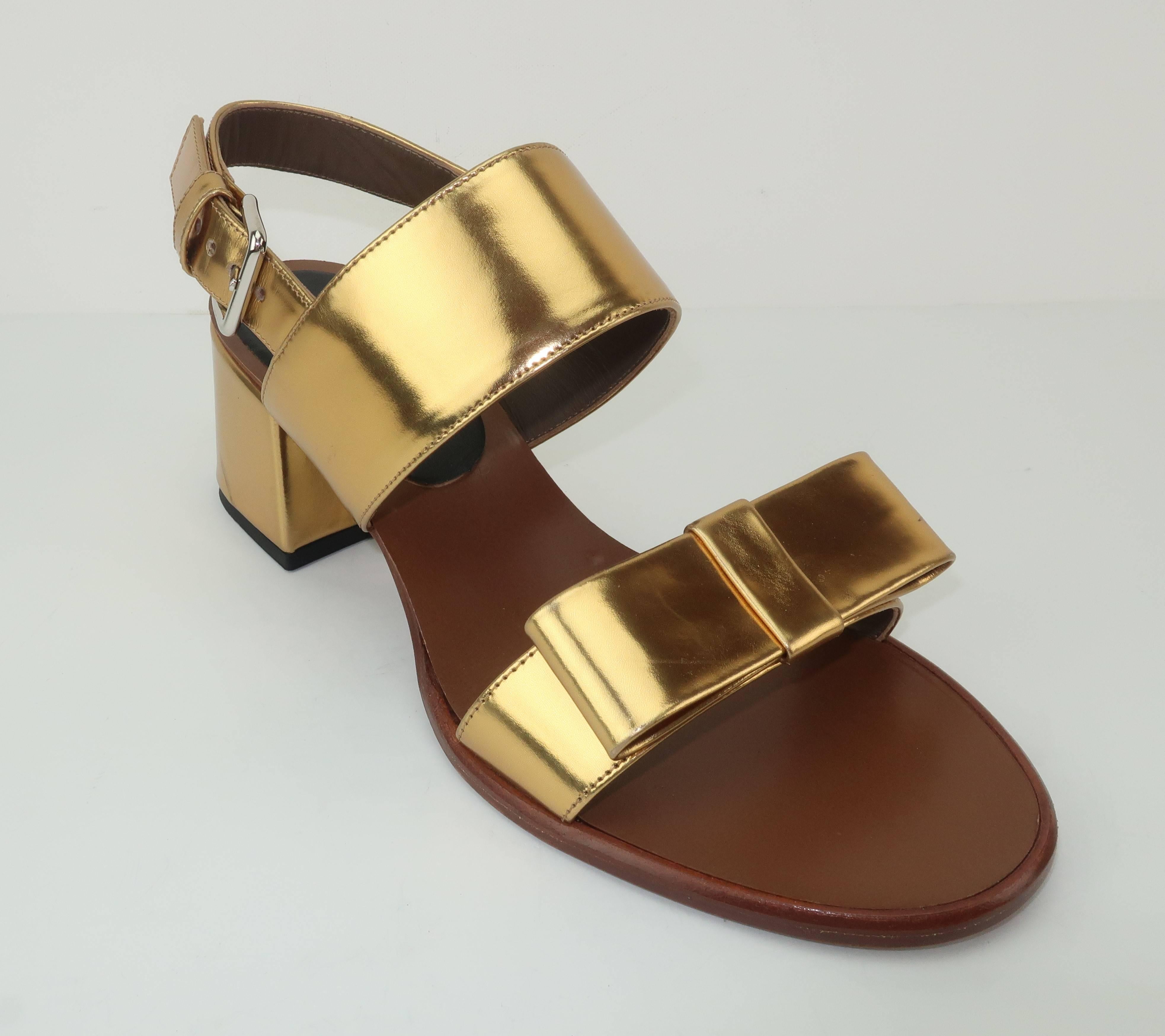 Brown Marni Gold Leather Bow Embellished Sandal Shoes 