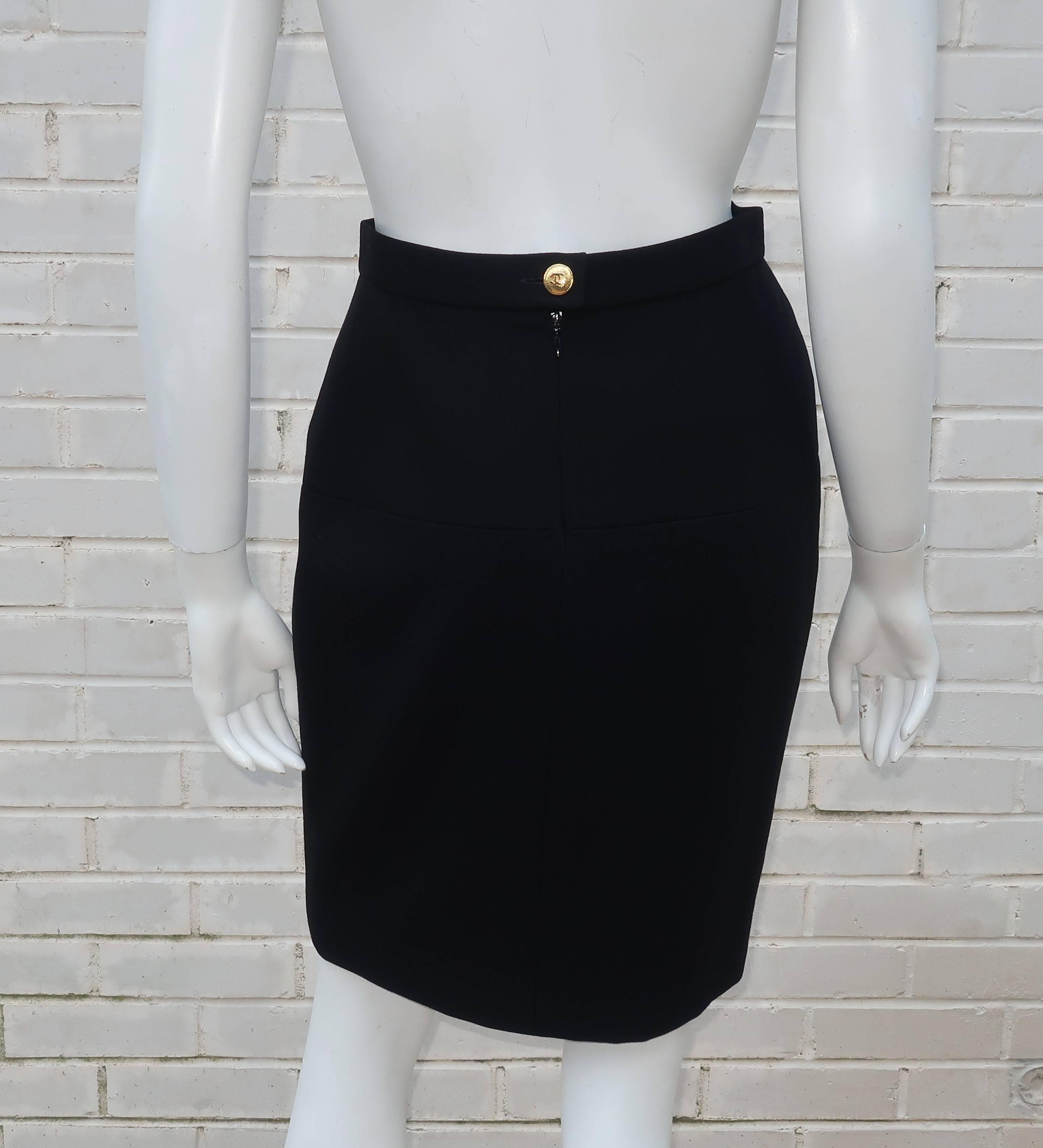 C.1990 Chanel Classic Black Skirt With Gold Logo Button 2