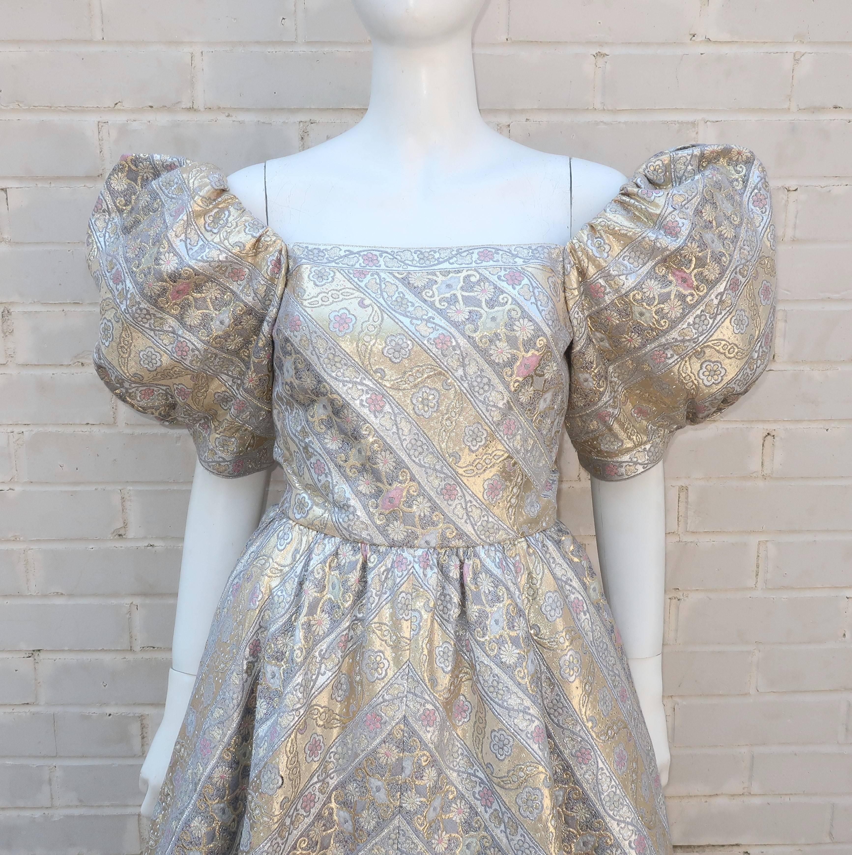 Leonard Silver and Gold Lamé Brocade Ball Gown Dress, 1980s  In Excellent Condition In Atlanta, GA