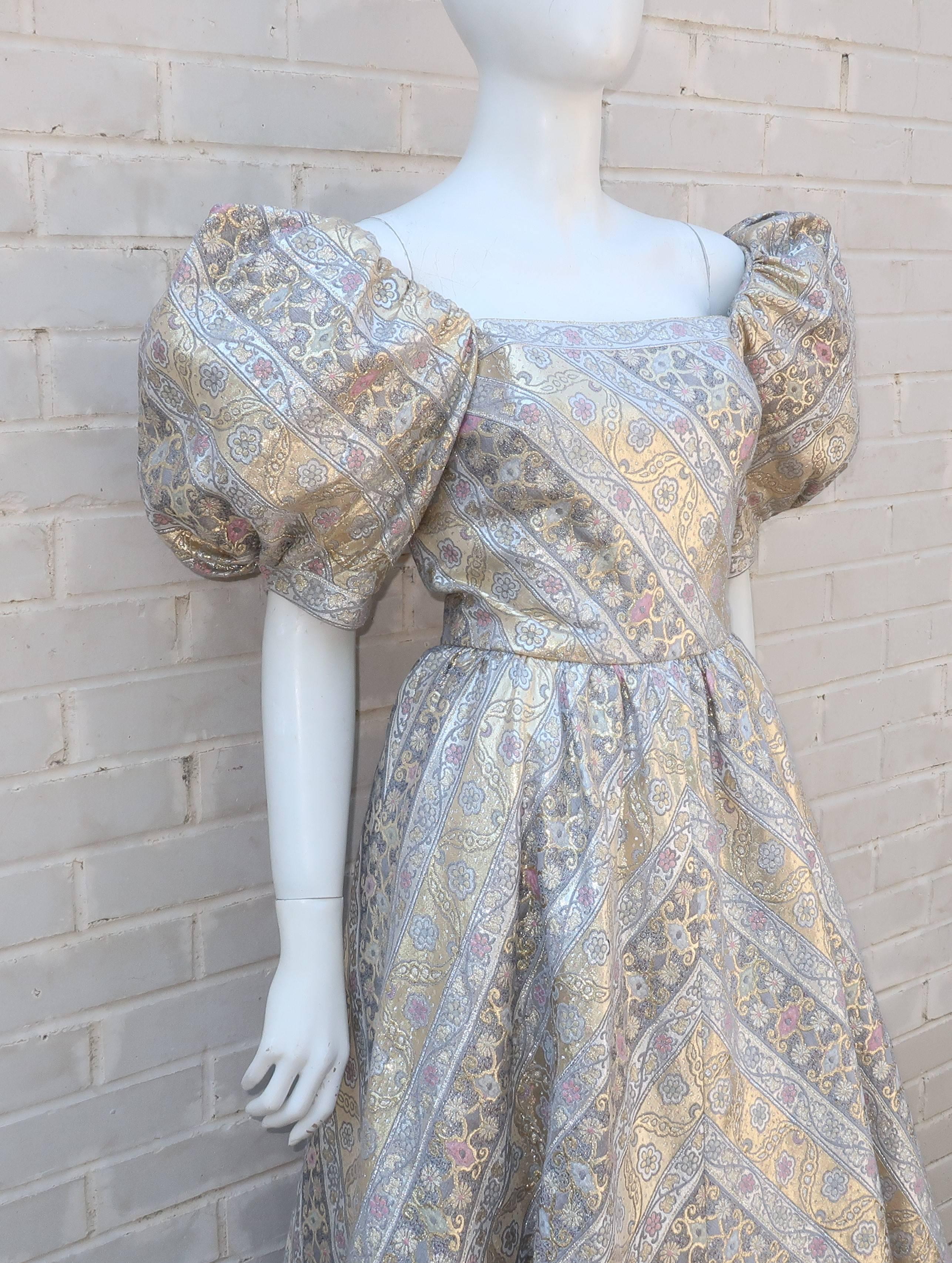 Women's Leonard Silver and Gold Lamé Brocade Ball Gown Dress, 1980s 