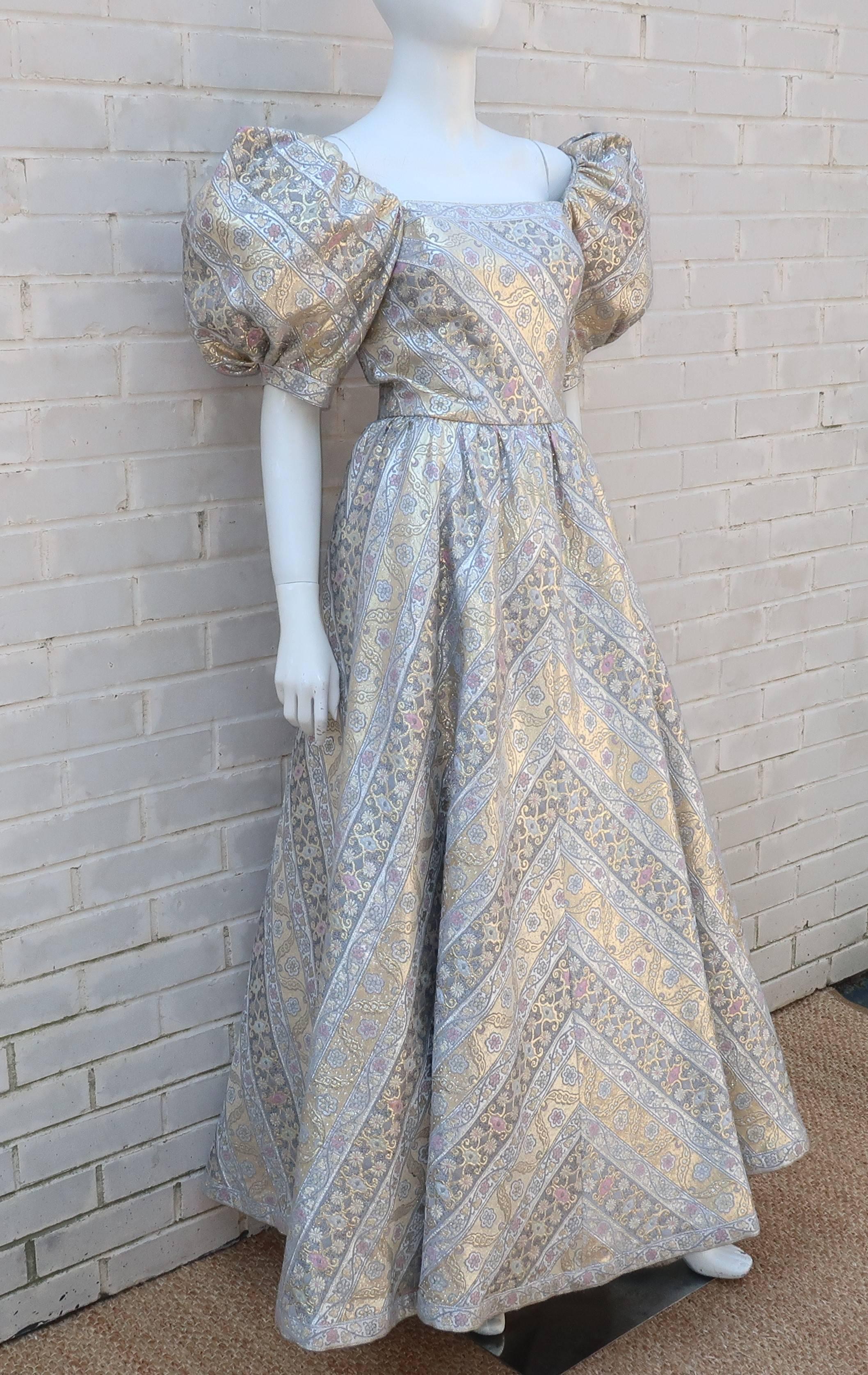 Leonard Silver and Gold Lamé Brocade Ball Gown Dress, 1980s  1