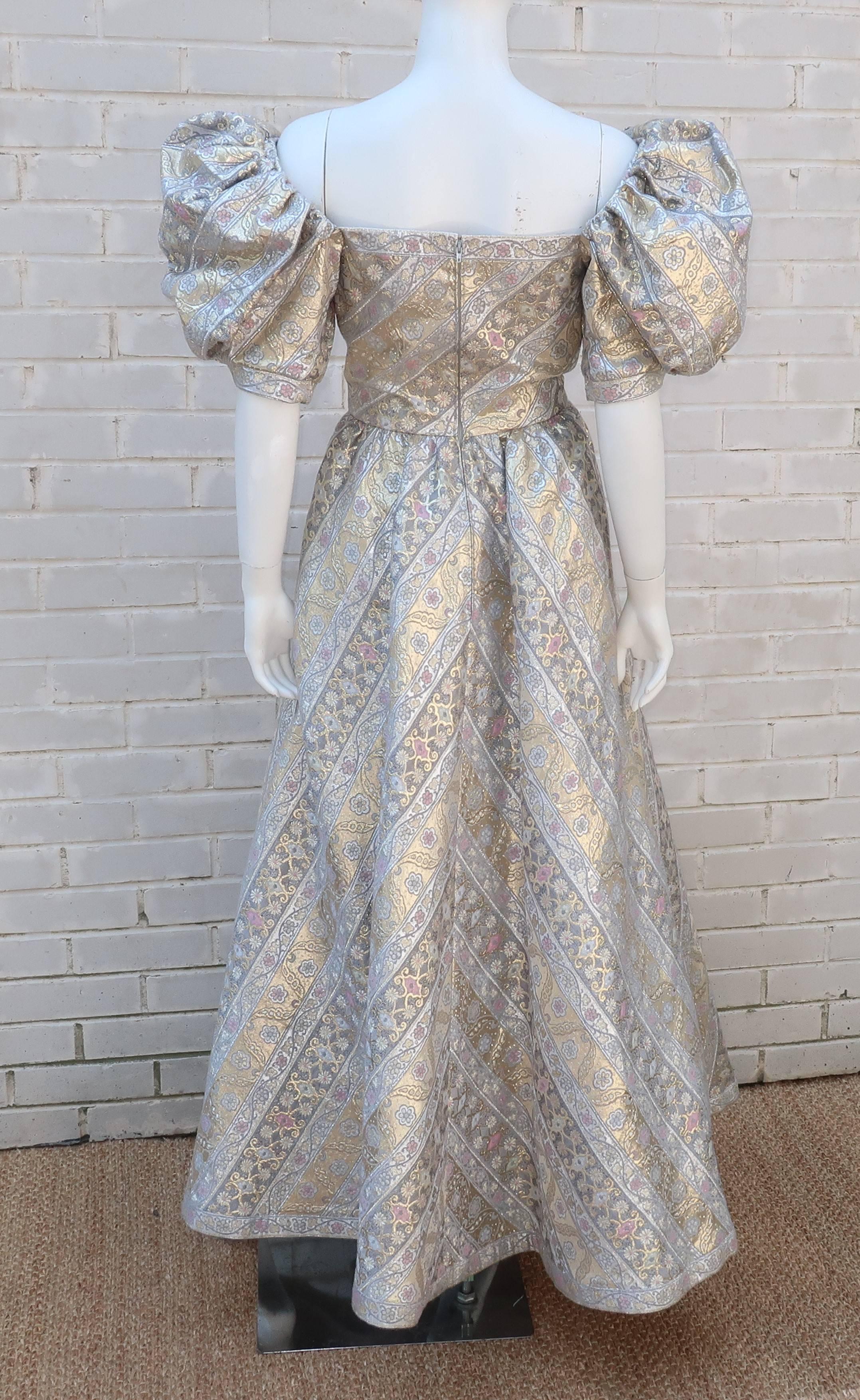 Leonard Silver and Gold Lamé Brocade Ball Gown Dress, 1980s  2