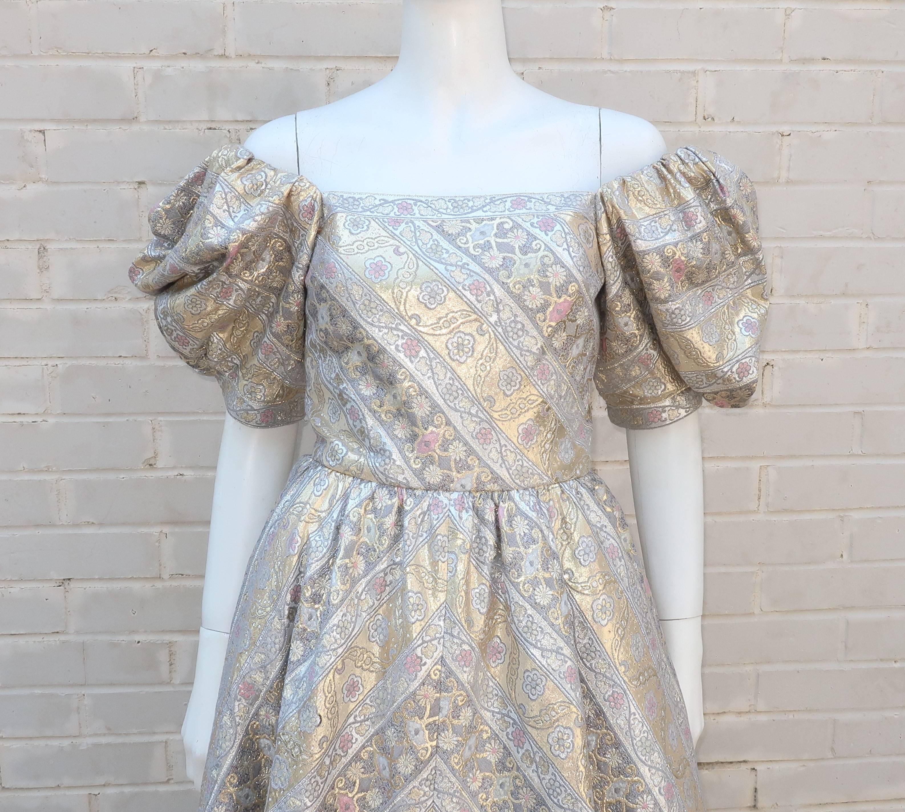 Leonard Silver and Gold Lamé Brocade Ball Gown Dress, 1980s  6