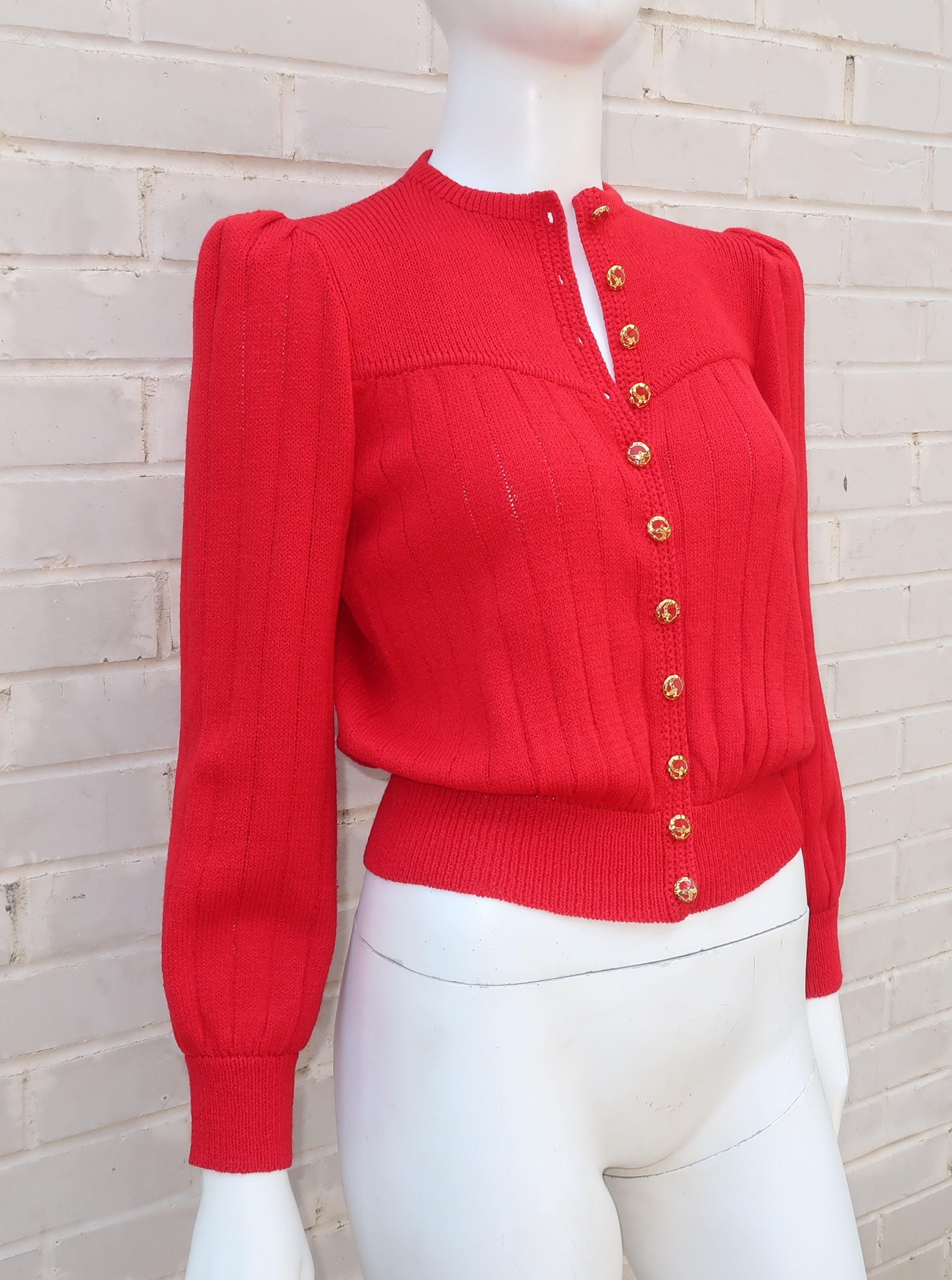 Women's 1970's St. John Lipstick Red Knit Cardigan Sweater