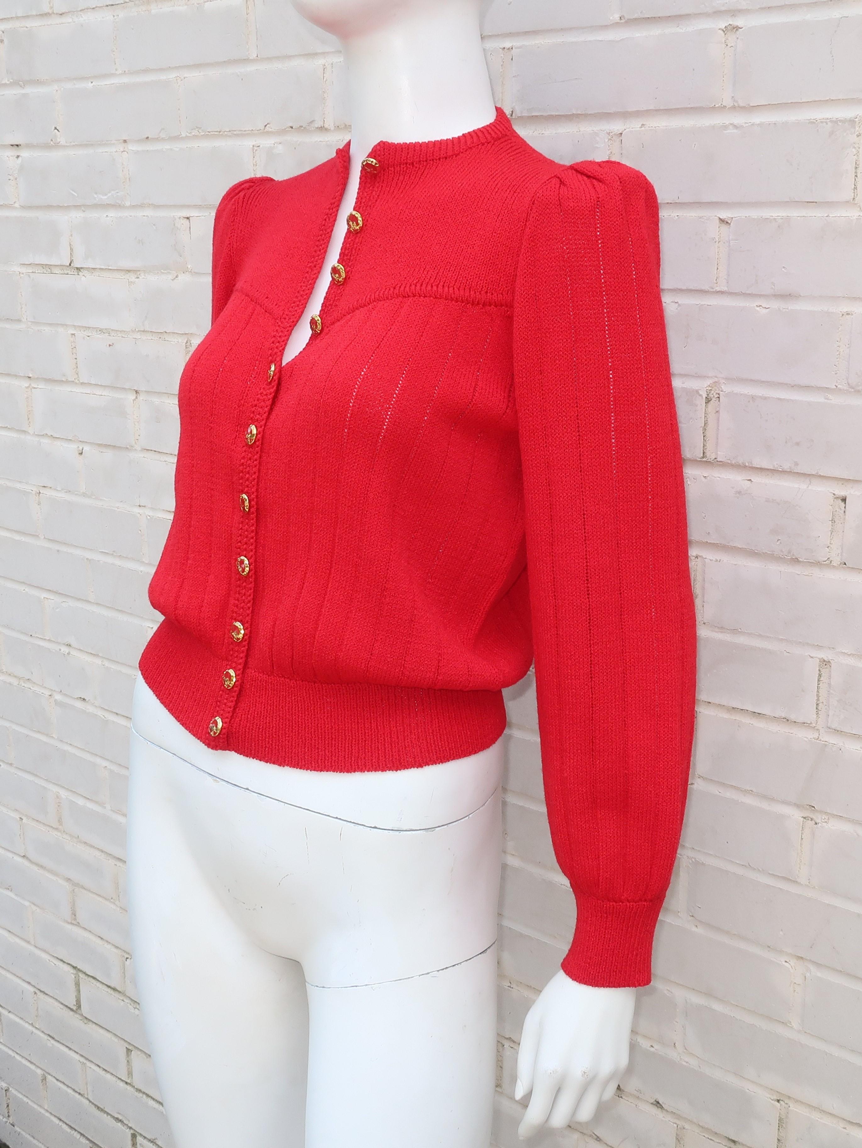 1970's St. John Lipstick Red Knit Cardigan Sweater 1