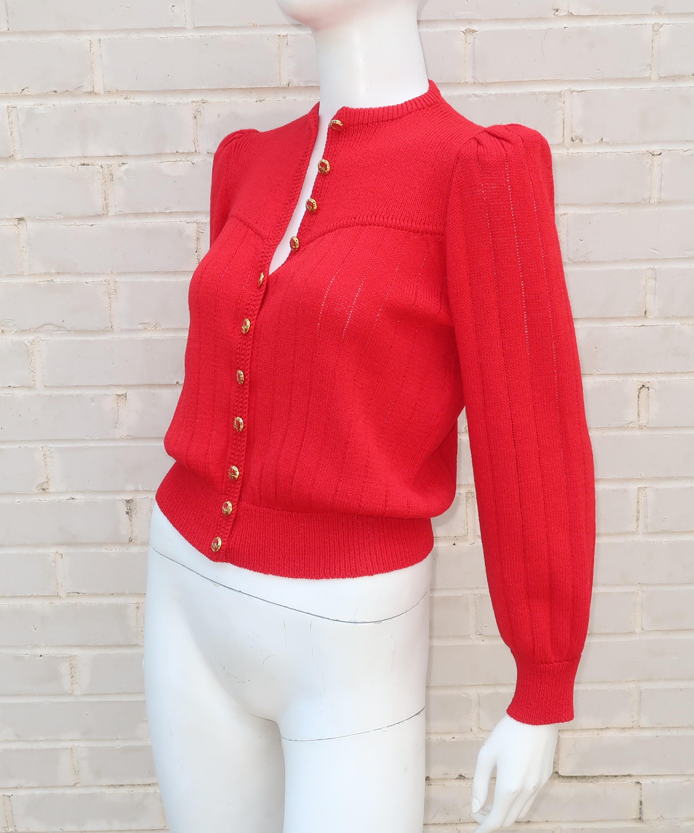 1970's St. John Lipstick Red Knit Cardigan Sweater 3