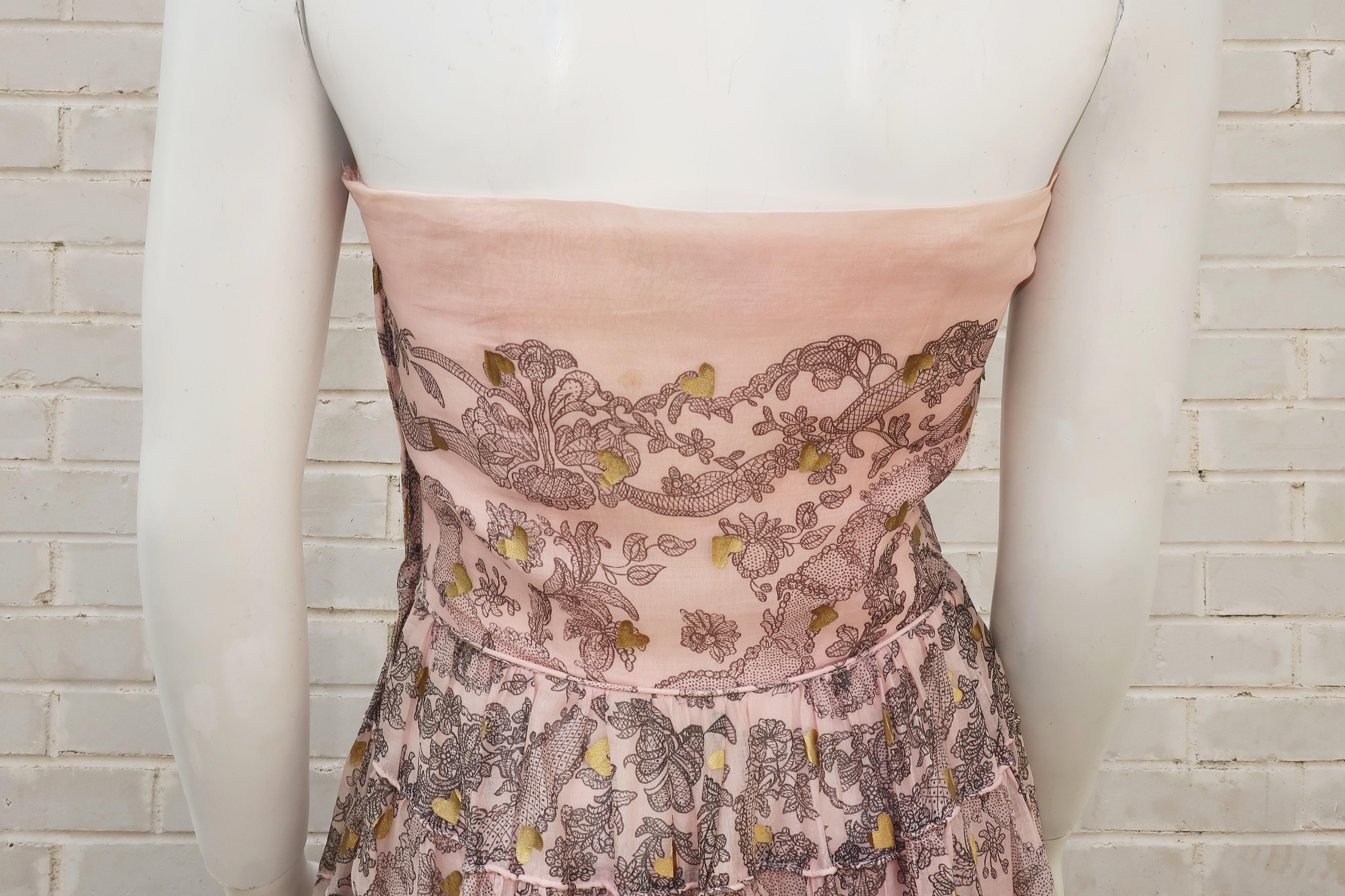 1950's Fred Perlberg Pink & Black Muslin Dress With Gold Heart Accents 5