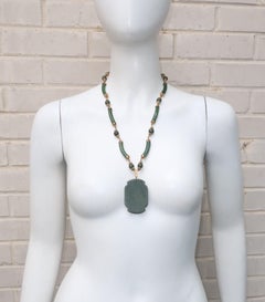C.1950 Miriam Haskell Green Jade Asian Art Deco Inspired Necklace