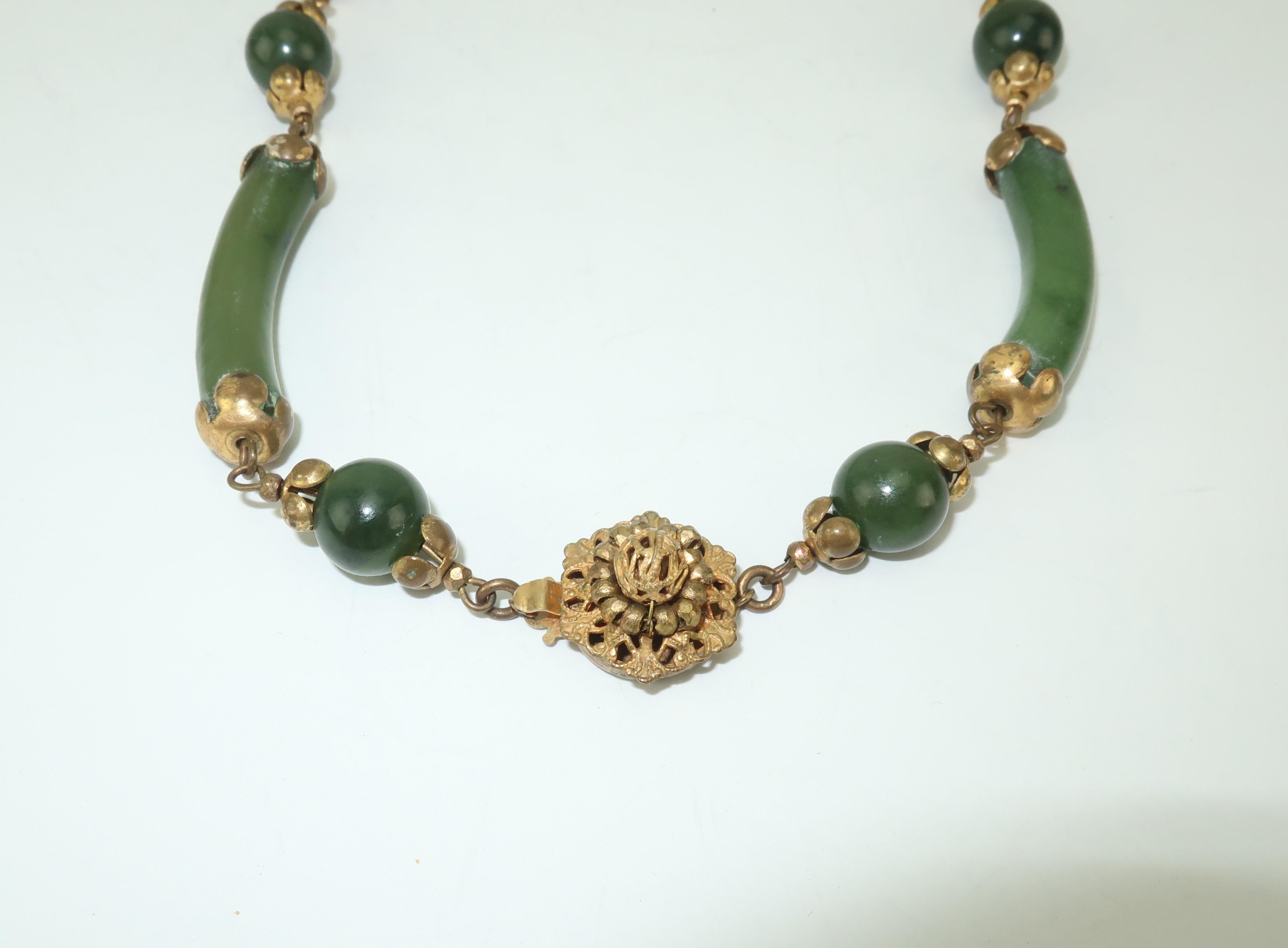 Women's C.1950 Miriam Haskell Green Jade Asian Art Deco Inspired Necklace
