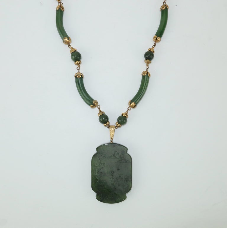 C.1950 Miriam Haskell Green Jade Asian Art Deco Inspired Necklace at ...