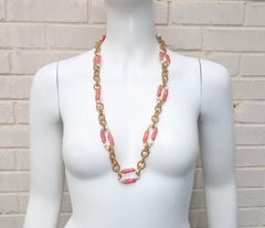 Miriam Haskell Chunky Gold Chain Link Necklace With Faux Coral Beads, 1950s