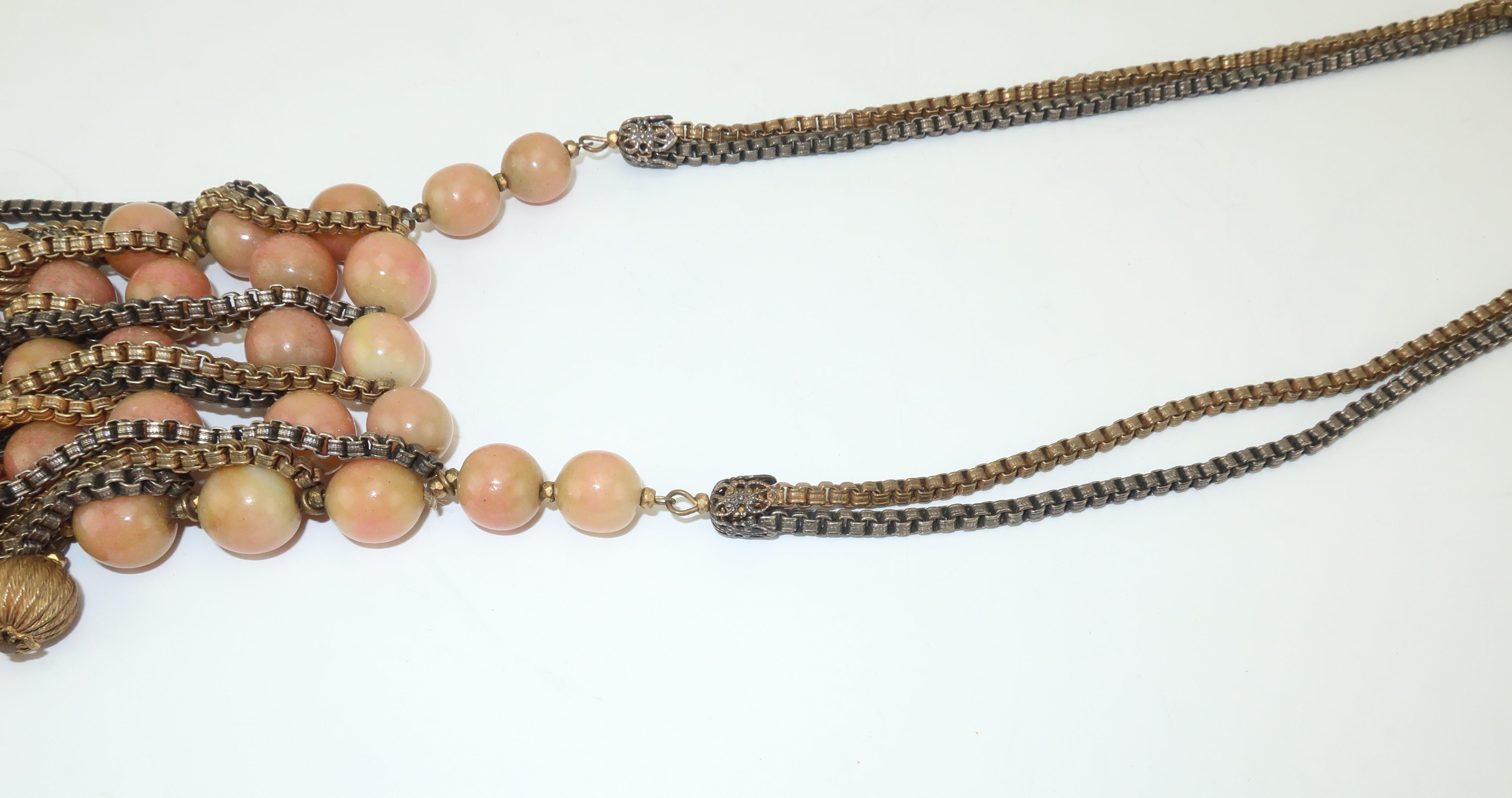 Modernist Miriam Haskell Gold / Silver Box Chain and Faux Coral Necklace, 1950s  4