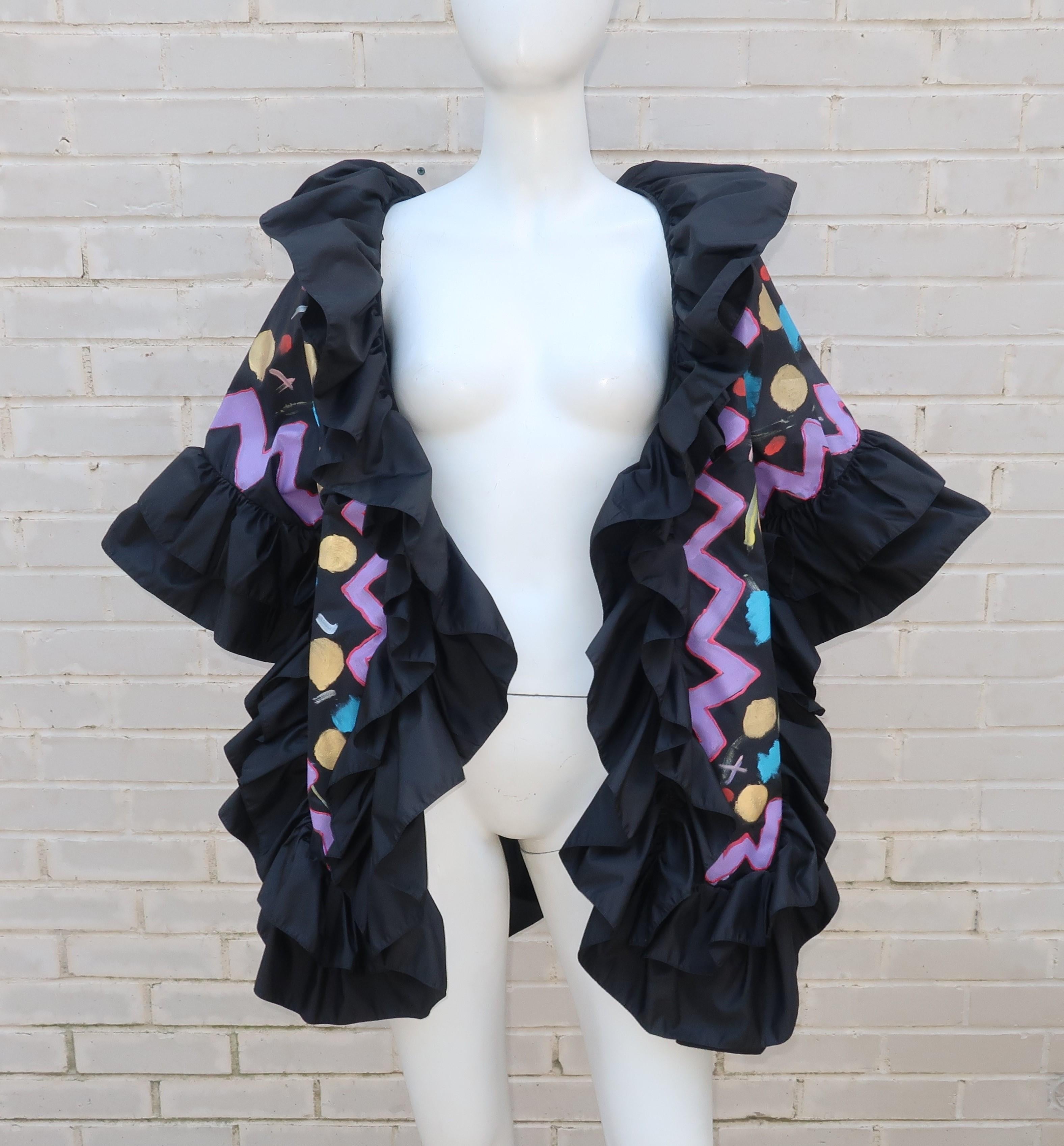 Vintage Colorful Hand Painted Black Taffeta Wrap Jacket With Ruffles 6