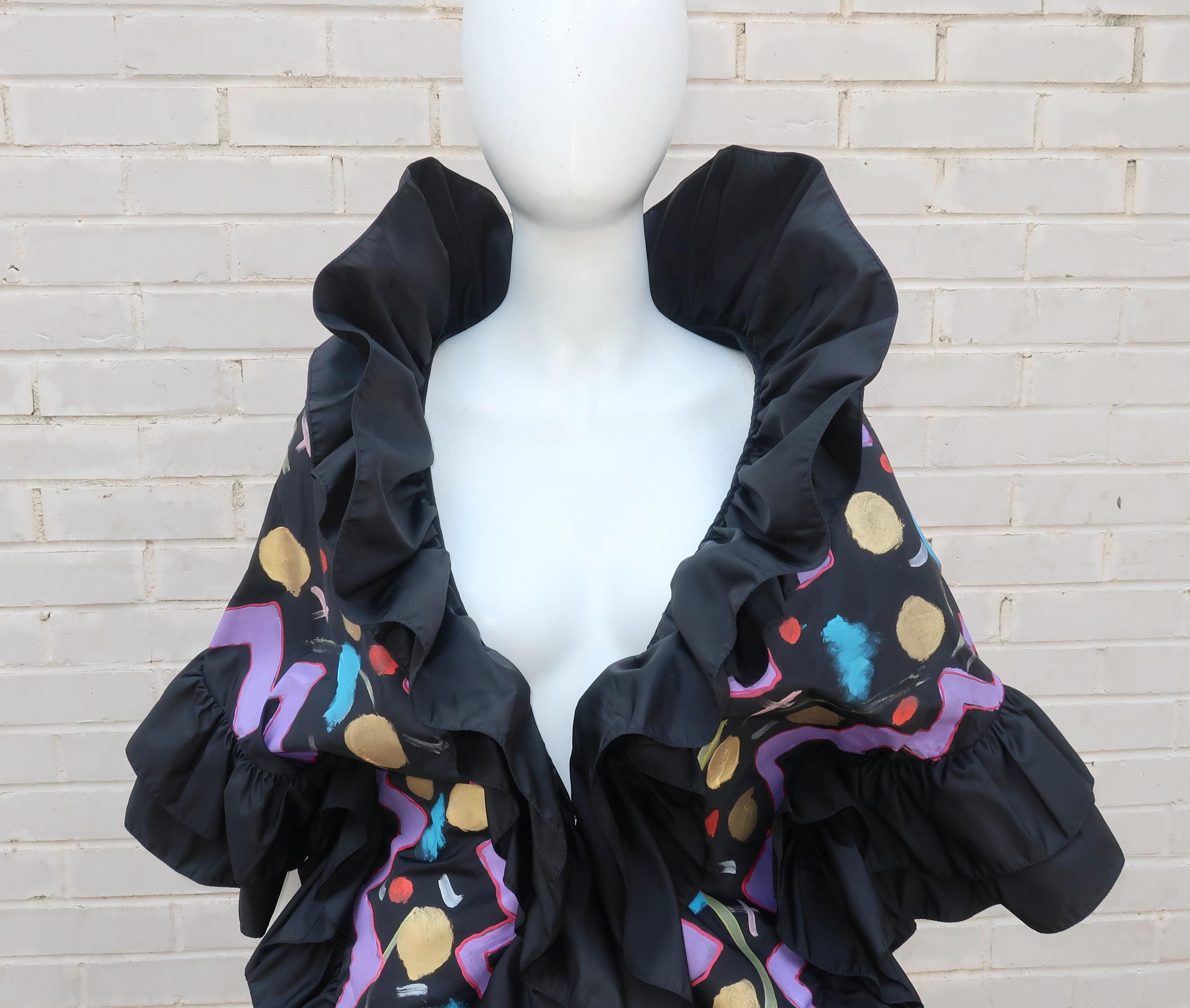 Vintage Colorful Hand Painted Black Taffeta Wrap Jacket With Ruffles In Excellent Condition In Atlanta, GA