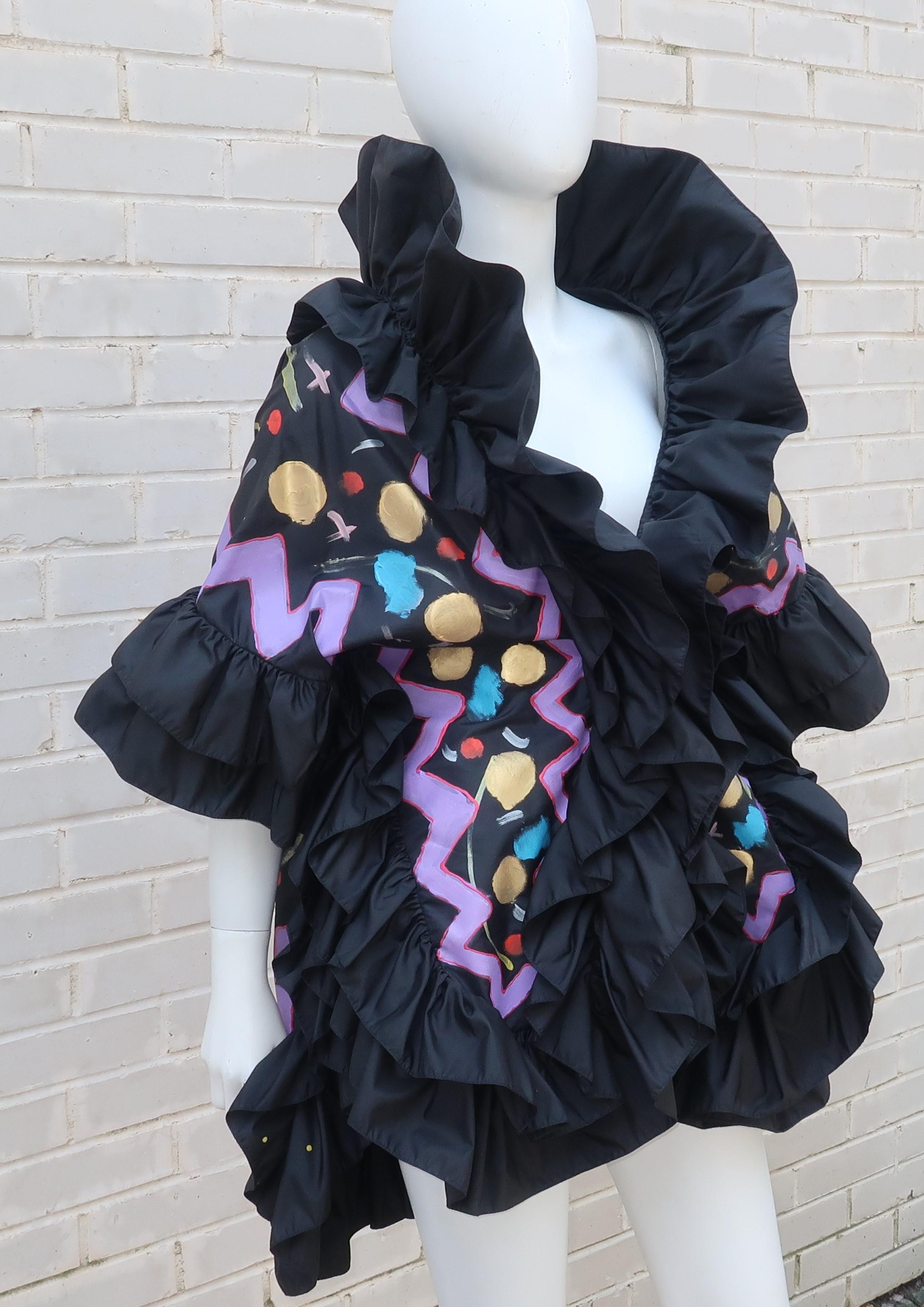 Women's Vintage Colorful Hand Painted Black Taffeta Wrap Jacket With Ruffles