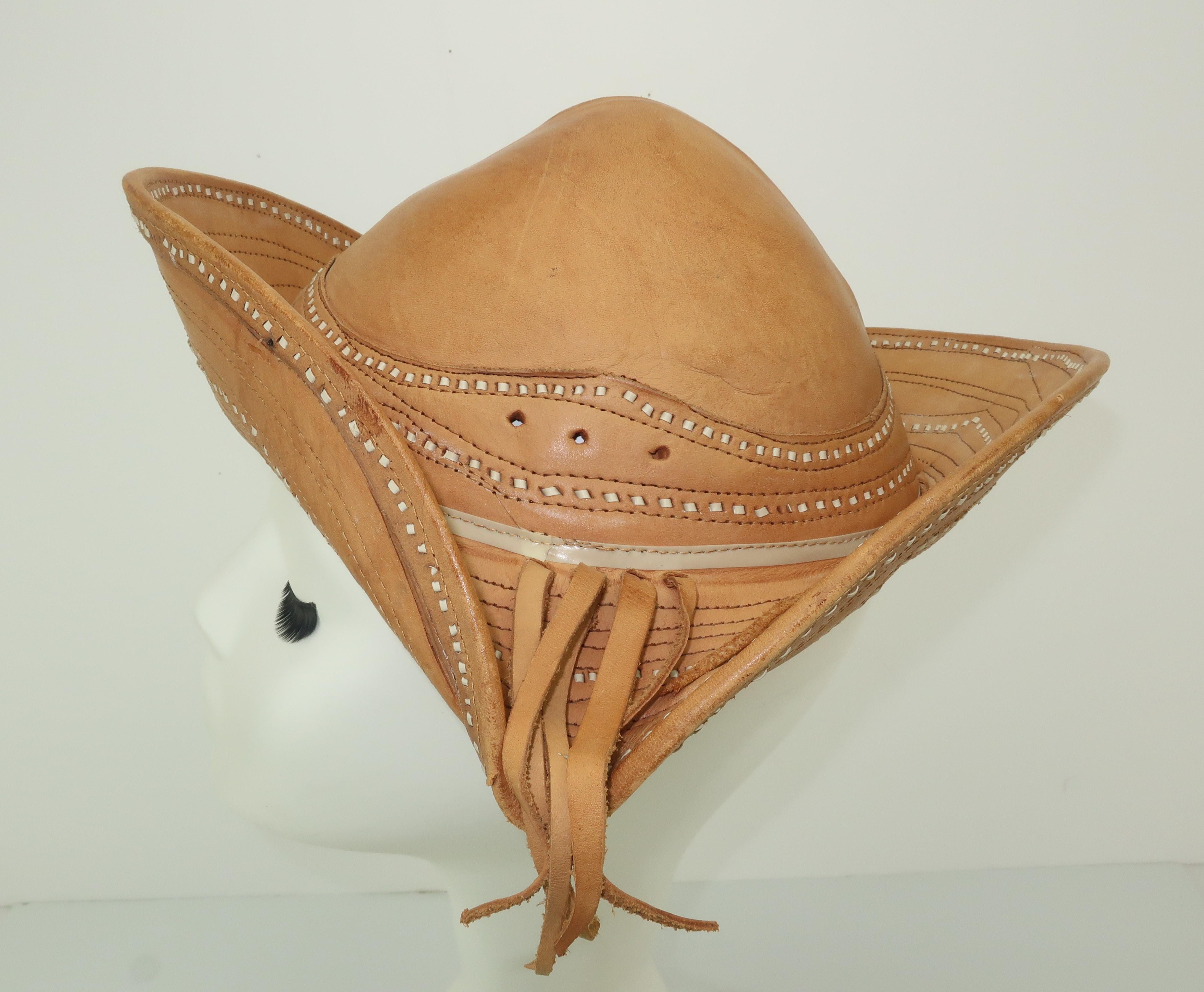 Vintage Traditional Brazilian Leather Cowboy Hat In Good Condition In Atlanta, GA