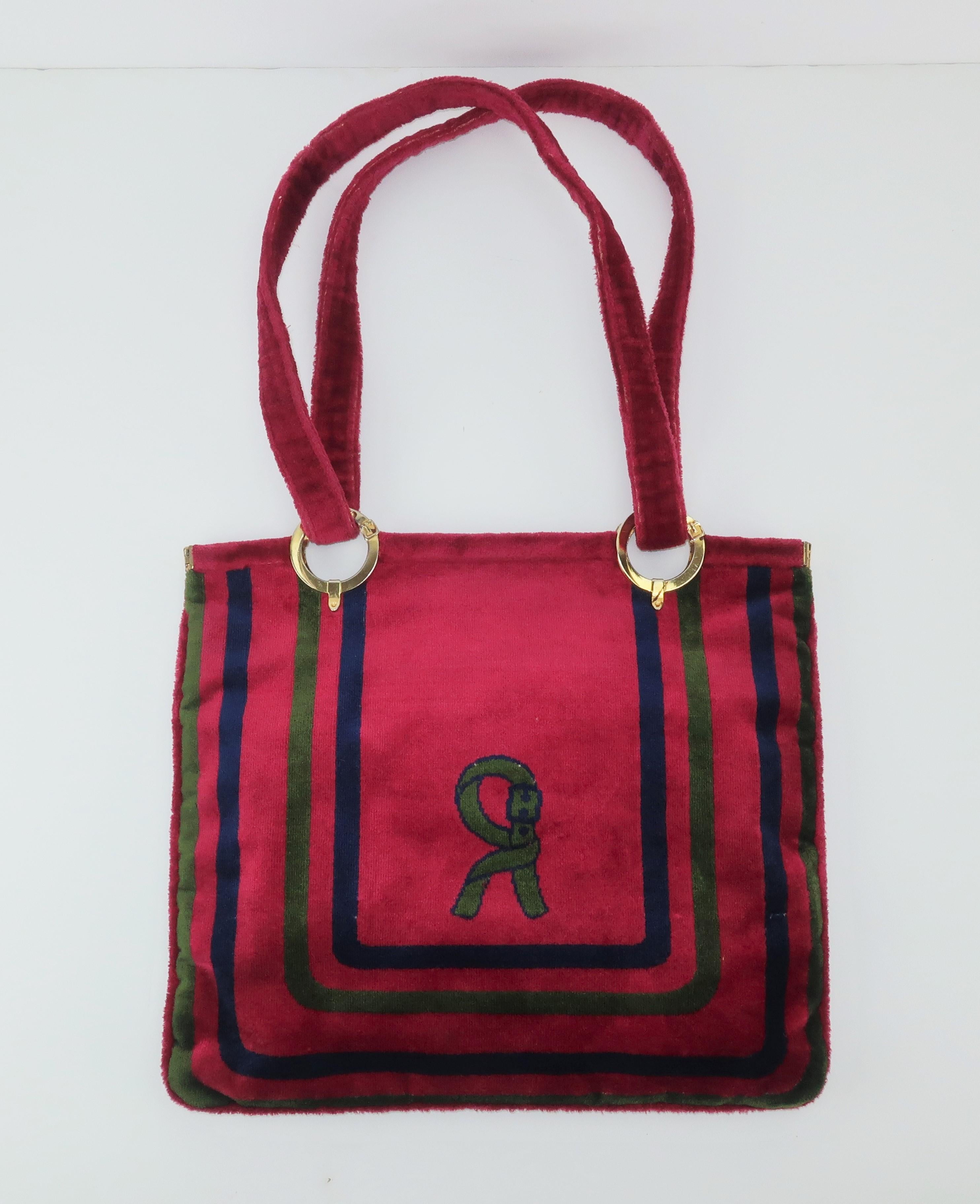 Brown 1960's Roberta Di Camerino Velvet Convertible Strap Logo Handbag